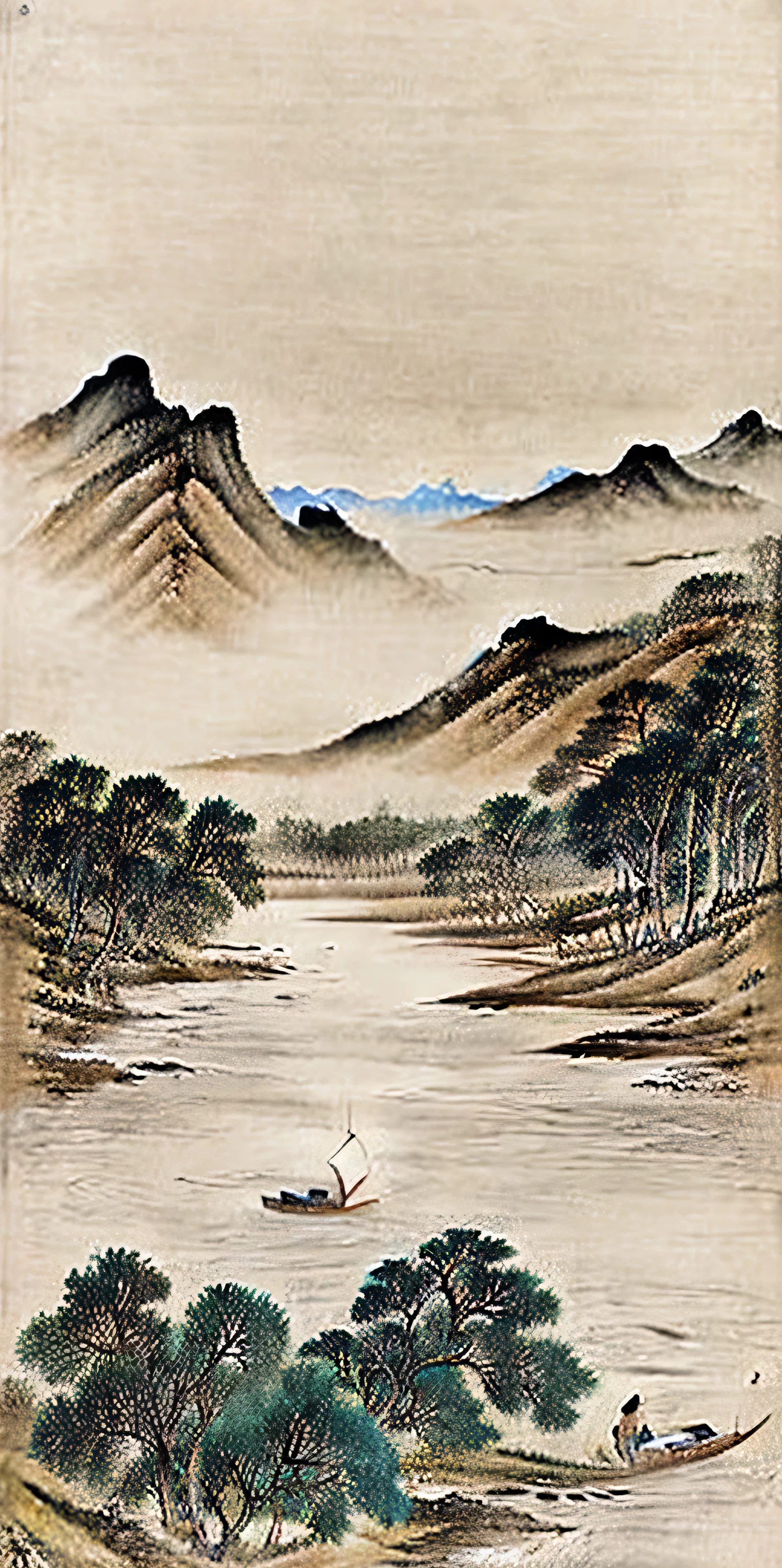 The painting depicts a boat sailing in the water，Mountains in the background, Detailed Landscape—Width 672, landscape art品, Chinese painting style, Chinese landscape, Inspired by Li Keran, Chinese watercolor style, landscape scenery, landscape art, Chiba Yudai, Chinese style, Classical landscape painting, landscape art detailed