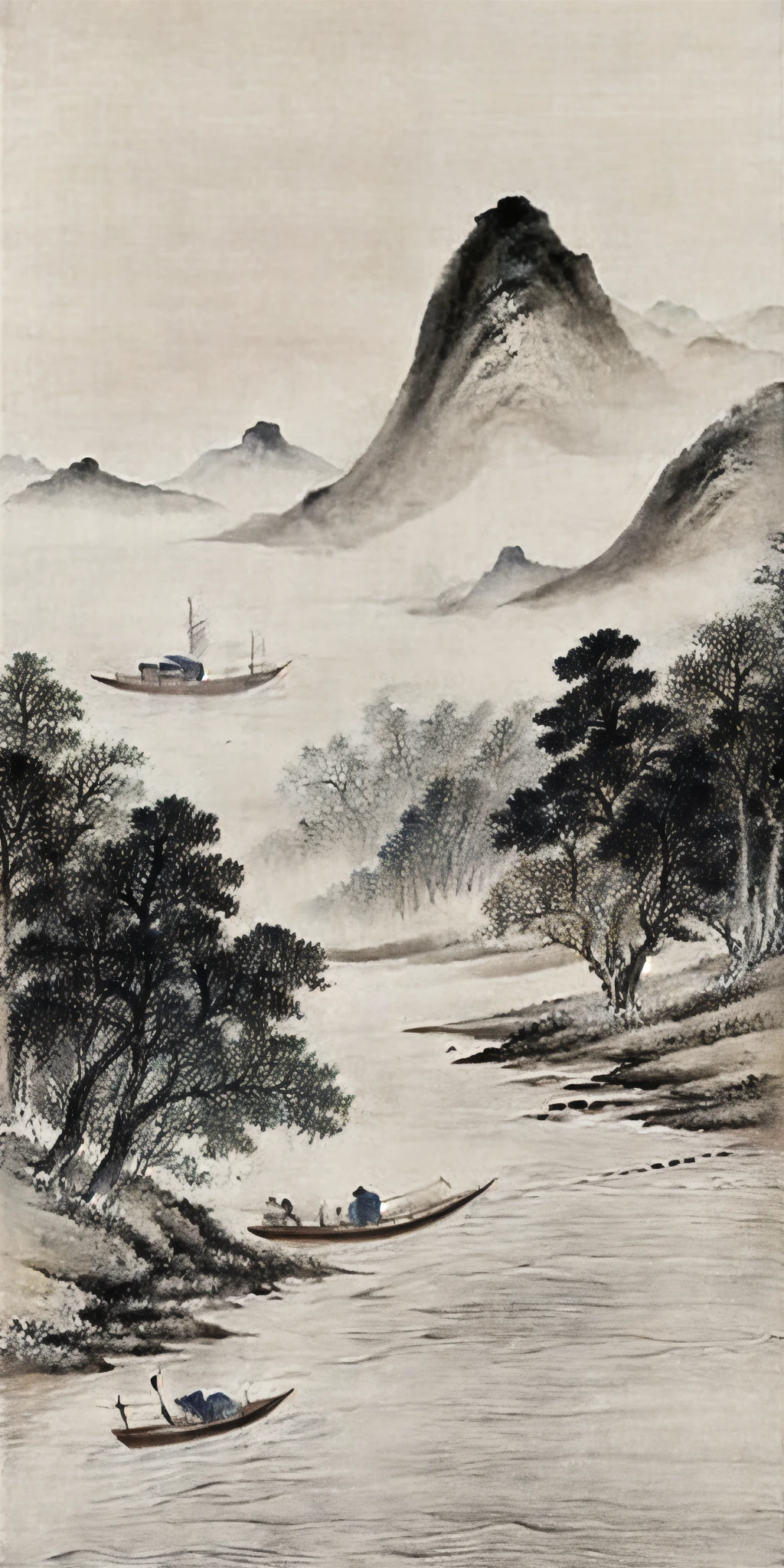 The painting depicts a boat sailing in the water，Mountains in the background, Detailed Landscape—Width 672, landscape art品, Chinese painting style, Chinese landscape, Inspired by Li Keran, Chinese watercolor style, landscape scenery, landscape art, Chiba Yudai, Chinese style, Classical landscape painting, landscape art详细