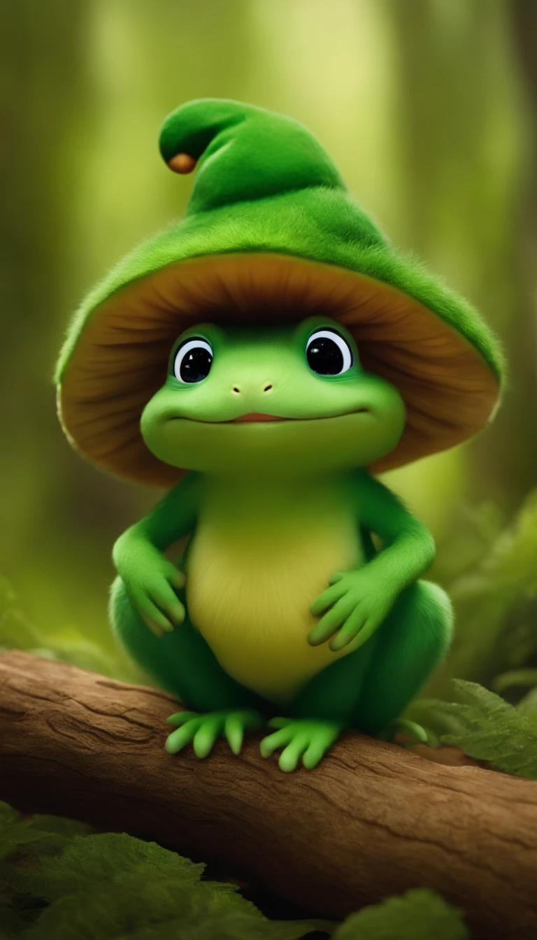 adorable green creature，Semelhante a uma mistura de coelho e cenoura, cute, fofo, peludo, Felpudo, Floresta, Cogumelos, Wear a mushroom hat