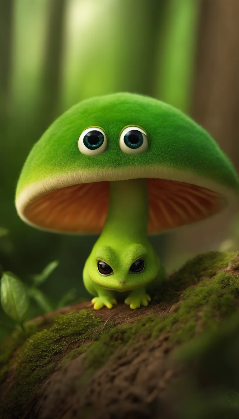 adorable green creature，Semelhante a uma mistura de coelho e cenoura, cute, fofo, peludo, Felpudo, Floresta, Cogumelos, Wear a mushroom hat