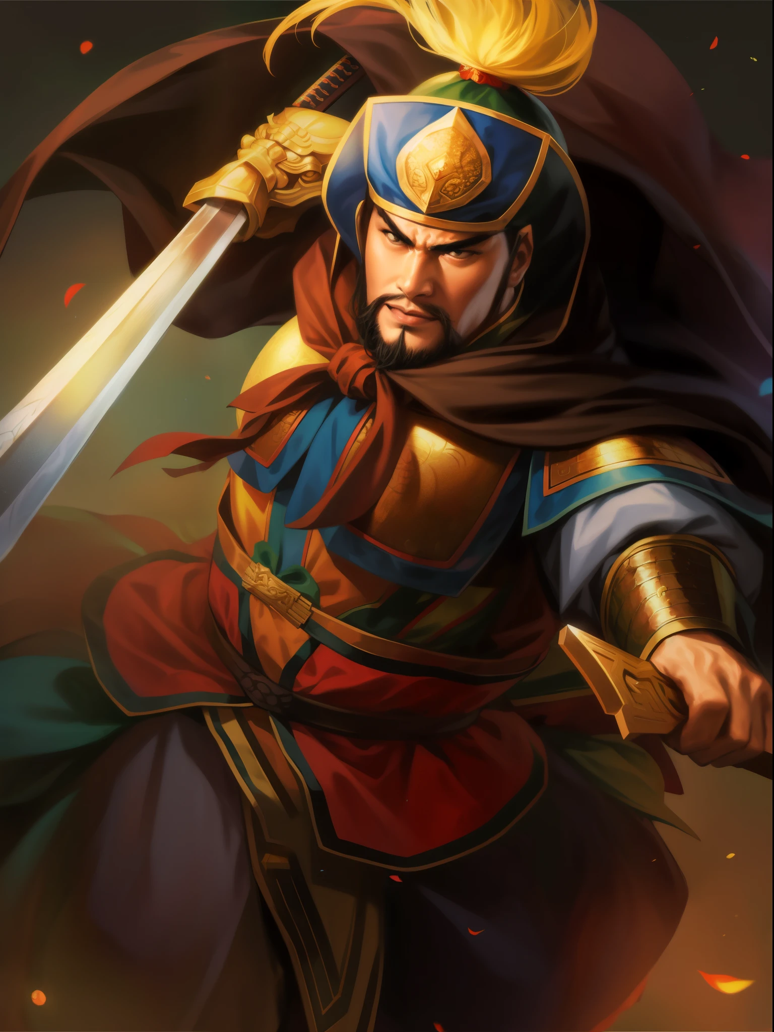 Close-up of a man with a sword and a cloak, Guan yu, Inspired by Huang Ding, Inspired by Li Kan, Inspired by Huang Shen, Inspired by Wu Bin, Inspired by Cao Zhibai, zhao yun, , bian lian, inspired by horse stone, Inspired by Hu Zaobin, Nalanbato Gumbold