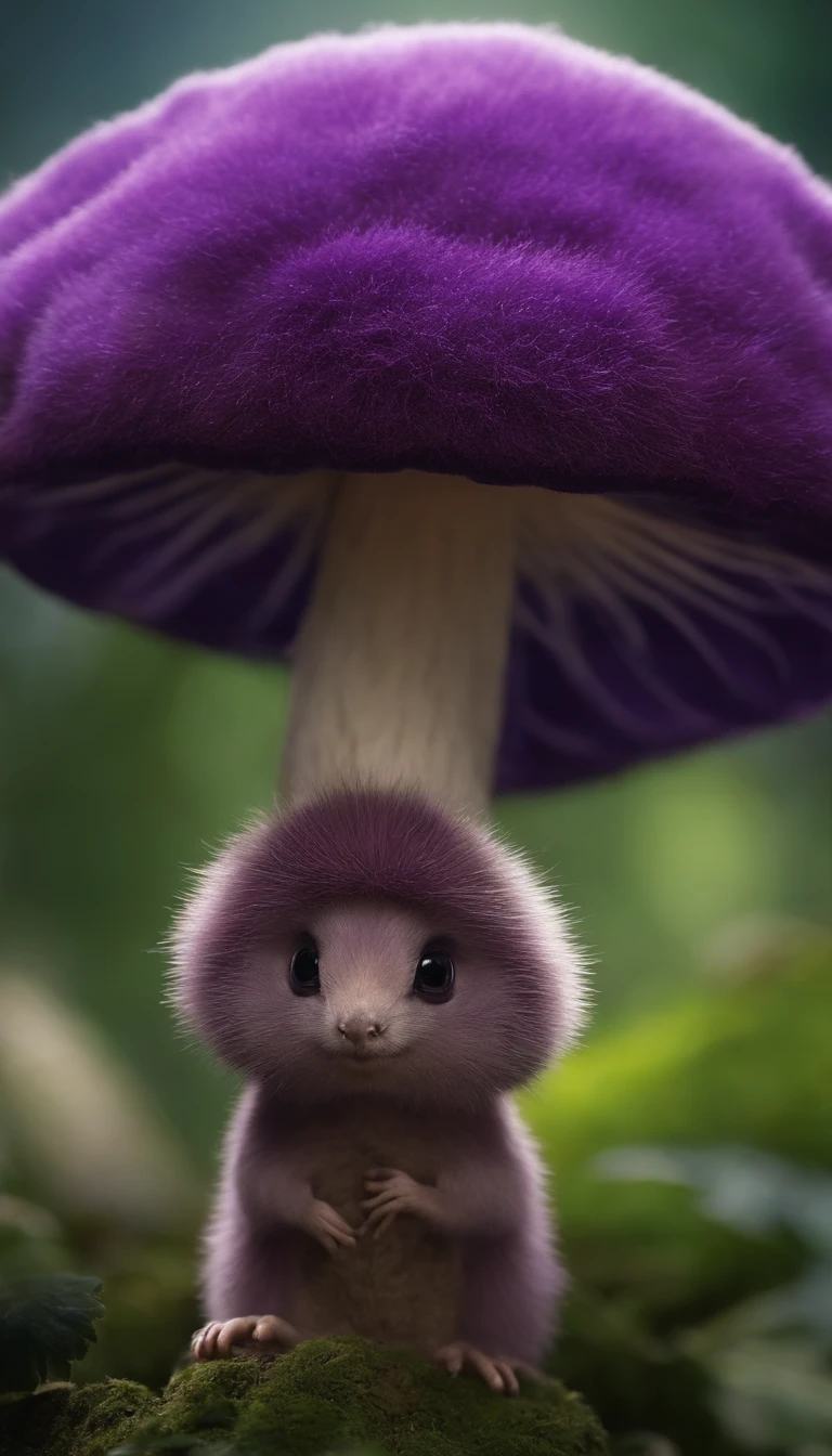 adorable purple creature，Semelhante a uma mistura de coelho e cenoura, cute, fofo, peludo, Felpudo, Floresta, Cogumelos, Wear a mushroom hat