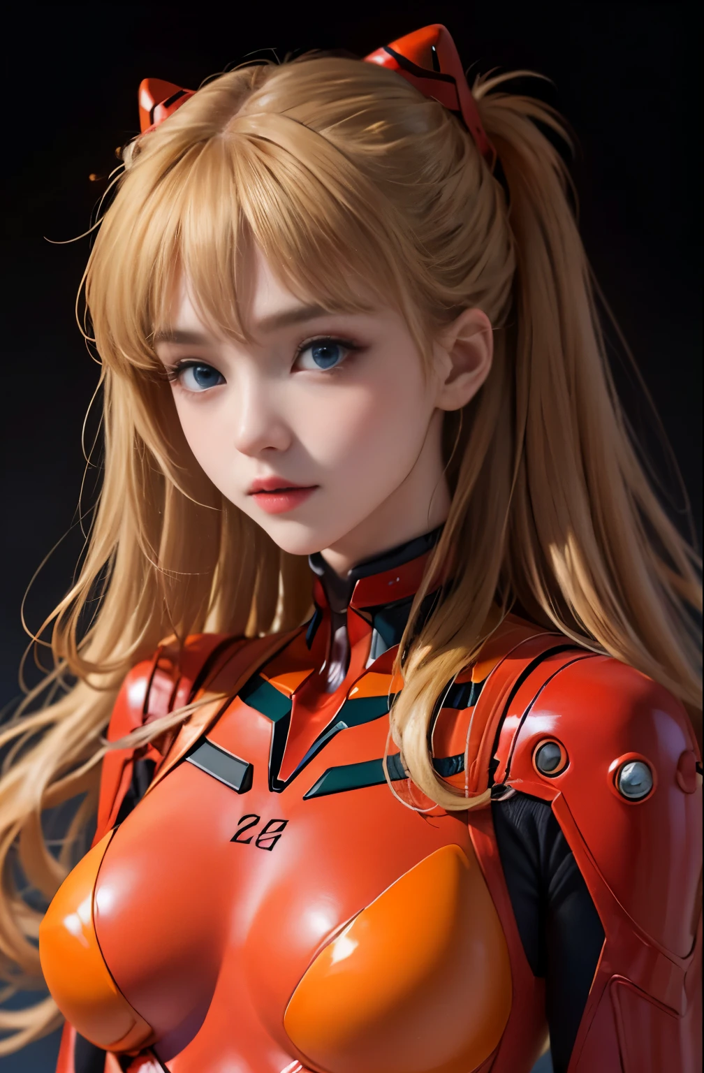 (masterpiece:1.4、top-quality)、(intricate detailes)、Unity8k wallpapers、ultra-detailliert、Beautiful and mysterious、detailed background、realisitic、solo、Perfectly detailed face、Detailed blue eyes、ighly detailed、red blush、hair adornments、Chignon mahogany hair、(blonde hair)、Plug Suit 02,Shikinami Asuka Langley、evangerion、Looking at the camera、facing front、Cute s、full body suits、black backgrounds, big breast, hard nipples
