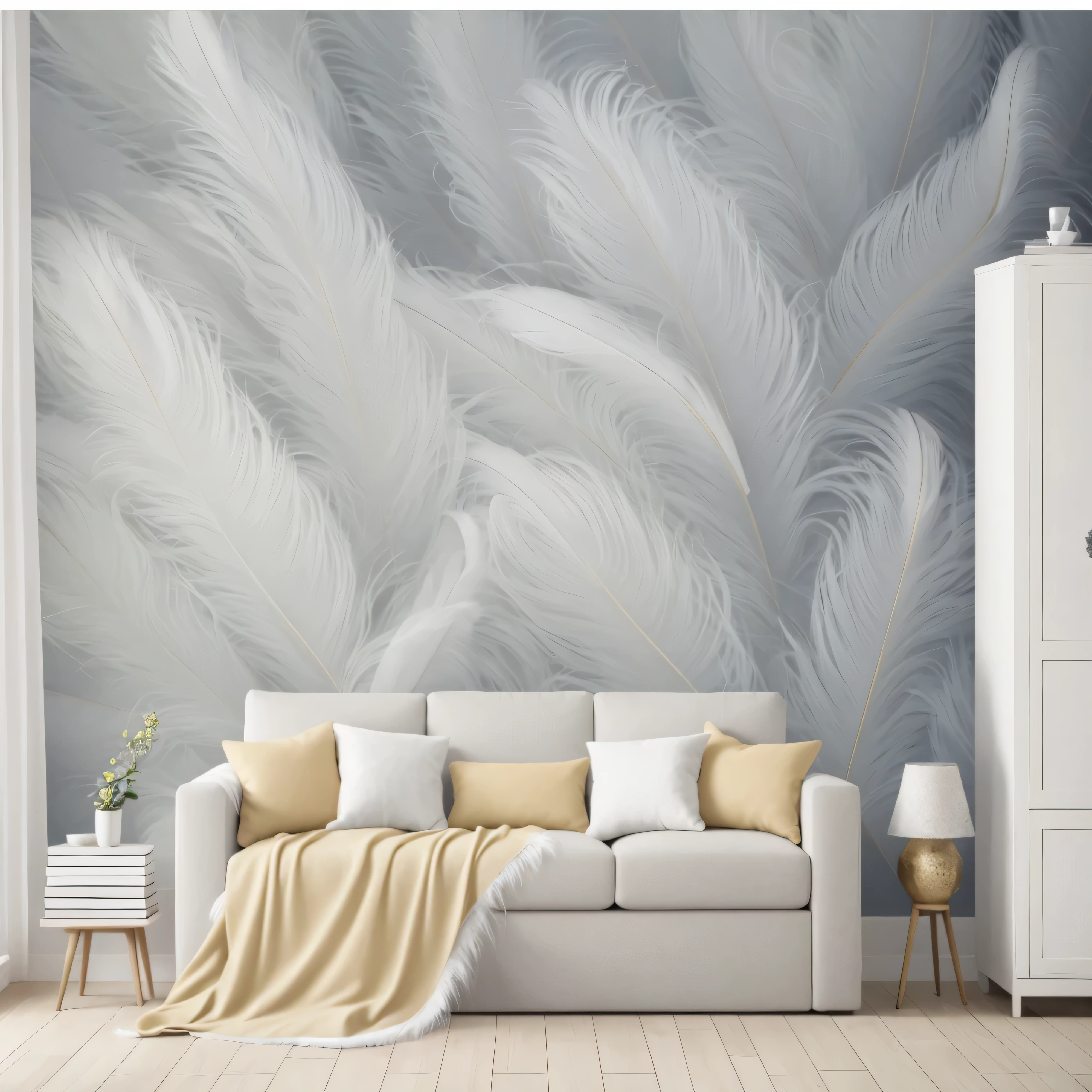 Arafed picture of living room with sofa and cabinets, soft feathers, feathers raining, Feather texture overlay, white feathers, Living room background wall, Transparent Feather, Soft scale texture, detailed feathered and fur, detailed feathered, Feathers flying, feathery down, beautiful feathers, mural, wallpaper, Albedo Texture, feather wings