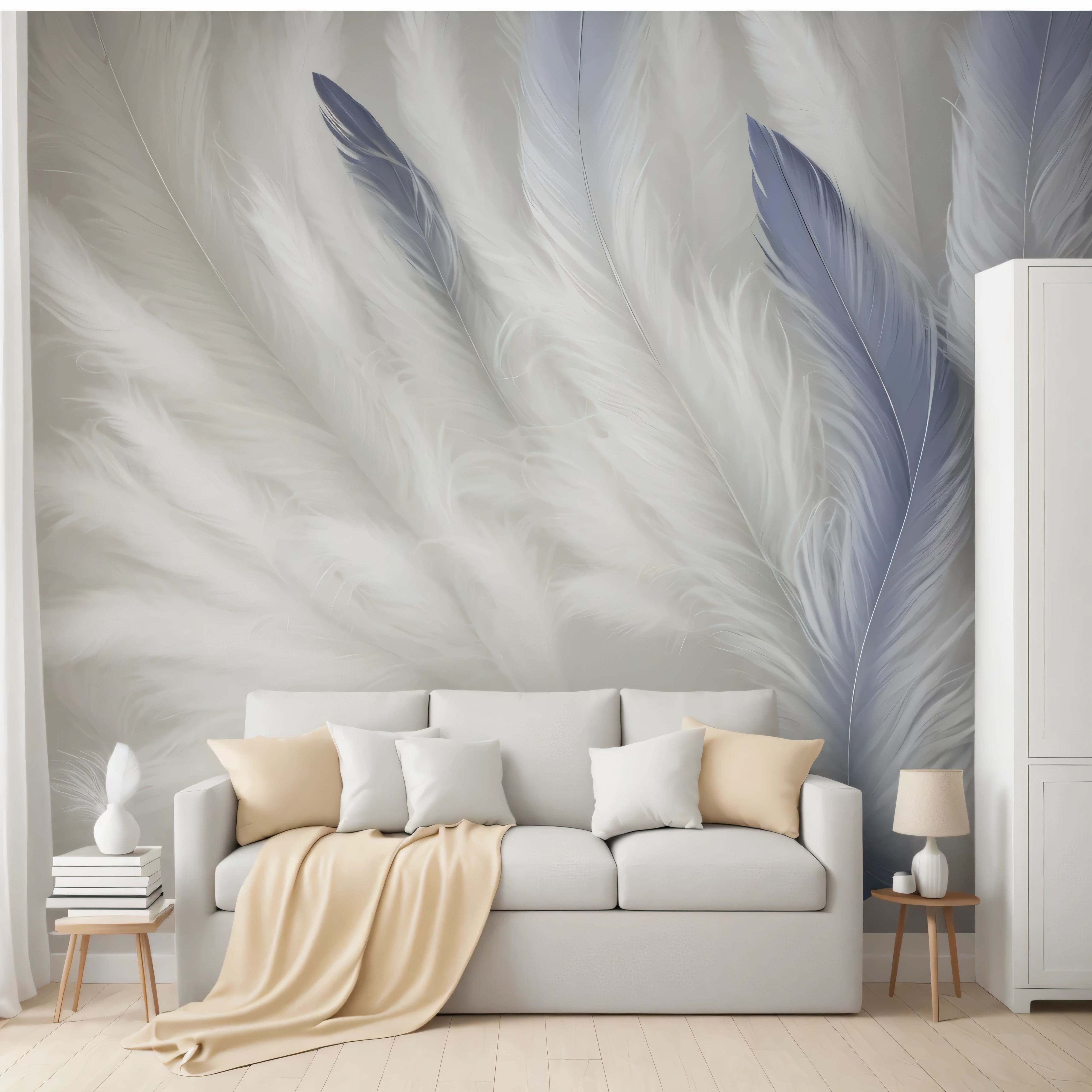 Arafed picture of living room with sofa and cabinets, soft feathers, feathers raining, Feather texture overlay, white feathers, Living room background wall, Transparent Feather, Soft scale texture, detailed feathered and fur, detailed feathered, Feathers flying, feathery down, beautiful feathers, mural, wallpaper, Albedo Texture, feather wings