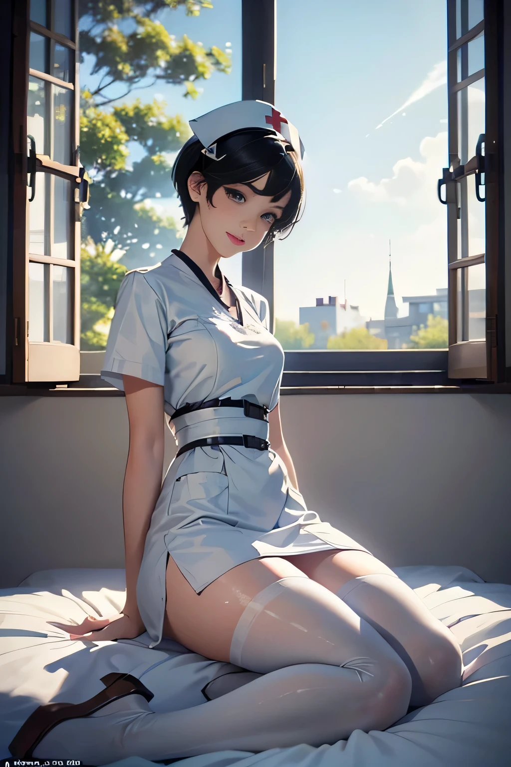 ((Pixie cut beautiful black hair,beautiful eyes)),Nurse costume,white pantyhose,sandal,cap,(low angle,from below),(solo),((masterpiece, highest resolution,best quality)), (beautiful illustration), (looking at the viewer), innocent smile,cinematic lighting,beautiful hospital room,bed,window,garden,flowers,trees,blue sky