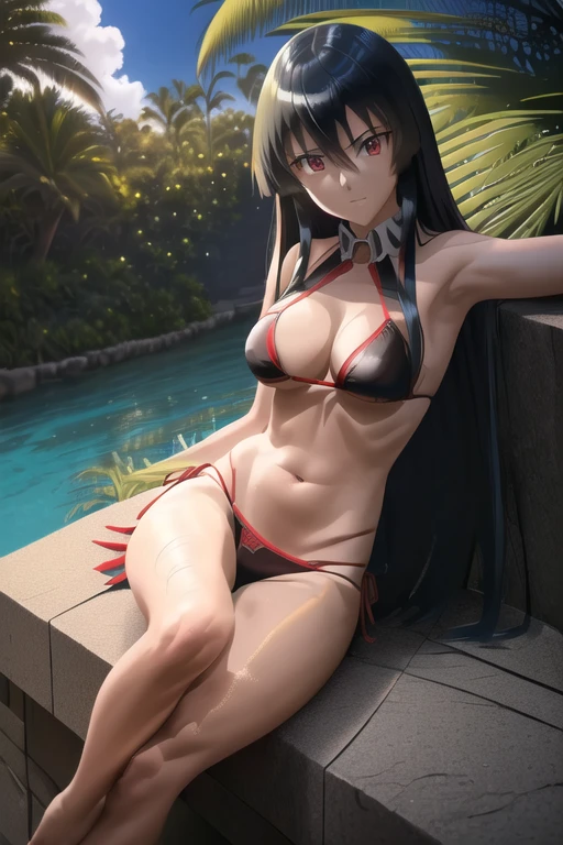 akame (akame ga kill!), (masterpiece, Best quality, wallpaper), (((extremely detailed, complex parts, lush details, insanely detailed face, beautiful red eyes, shiny skin, Keen eyes))), ((Beach, palm trees, is sitting, armpit sexy,long legs, detailed water, Blue sky, cinematic angle, dramatic shadows, bright colors, backlight, depth of field, high leg, contrasting, toned, (very long hair))), (((One, 1 girl, facing the viewer))), black hair, ((Medium breasts)), (( bikini ))