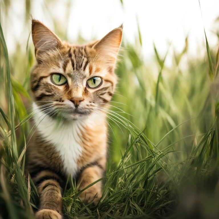 there is a cat that is sitting In the grass looking at the camera, hiding in grass, photo of a cat, In the grass, in the tall grass, cat in the forest, Staring into the camera, cat photosgraphy, cat photos, Portrait shoot, looking into camera, giant eyes In the grass, beautiful cat, Beautiful pictures of wandering, looking into camera