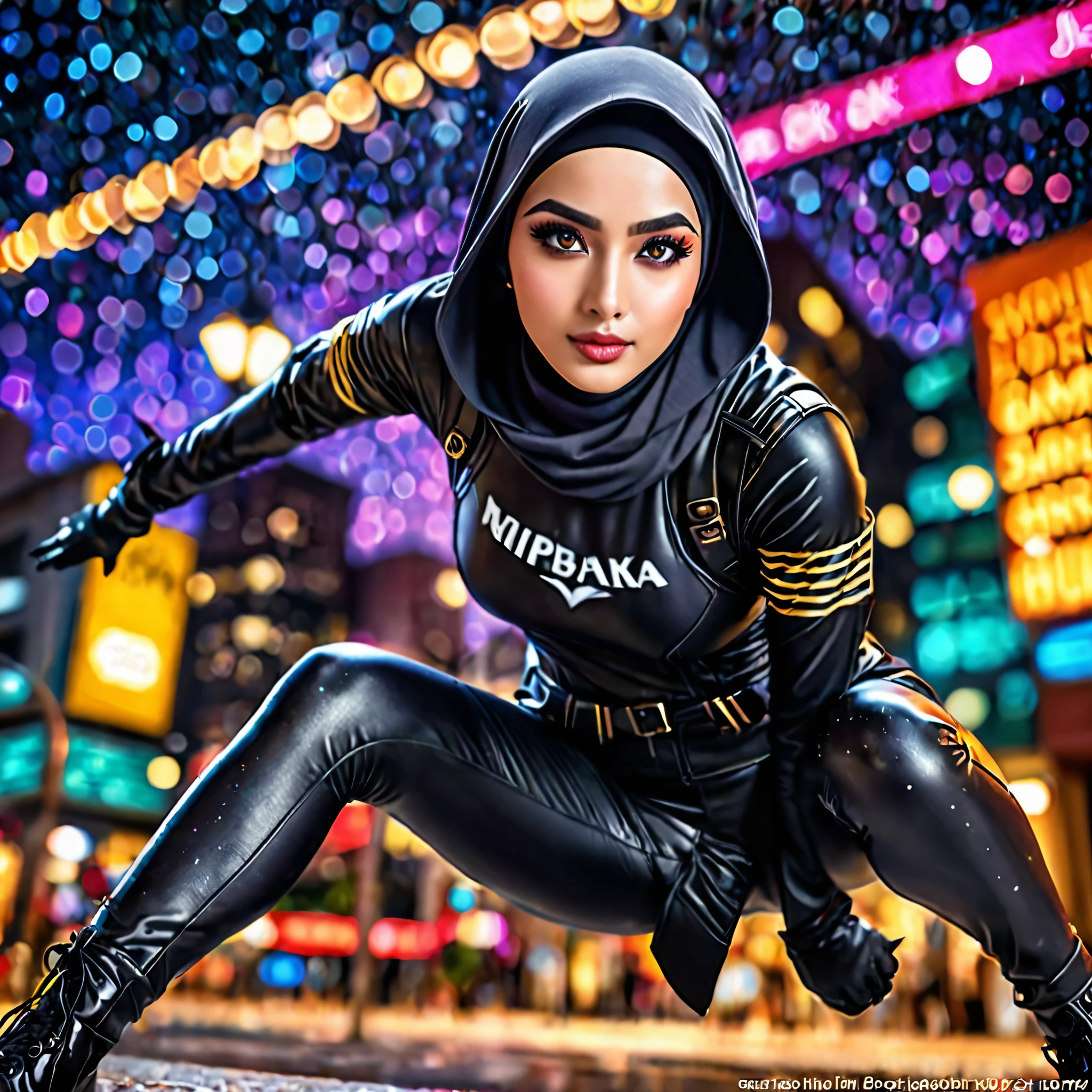 (best quality,4k,highres,masterpiece:1.2),ultra-detailed,realistic:1.37,a super heroine,athletic,cute face, crow themed makeup, hijab,beautiful detailed eyes,beautiful detailed lips,extremely detailed eyes and face,long eyelashe,malaysian:1.1 (age 28),crow themed costume and gimmicks,stopping a bank robbery,dynamic pose,vivid colors,starry night background,HDR,studio lighting,physically-based rendering,sharp focus,bokeh,colorful palette, (Show her from head to toe, full body shot, show her entire body)