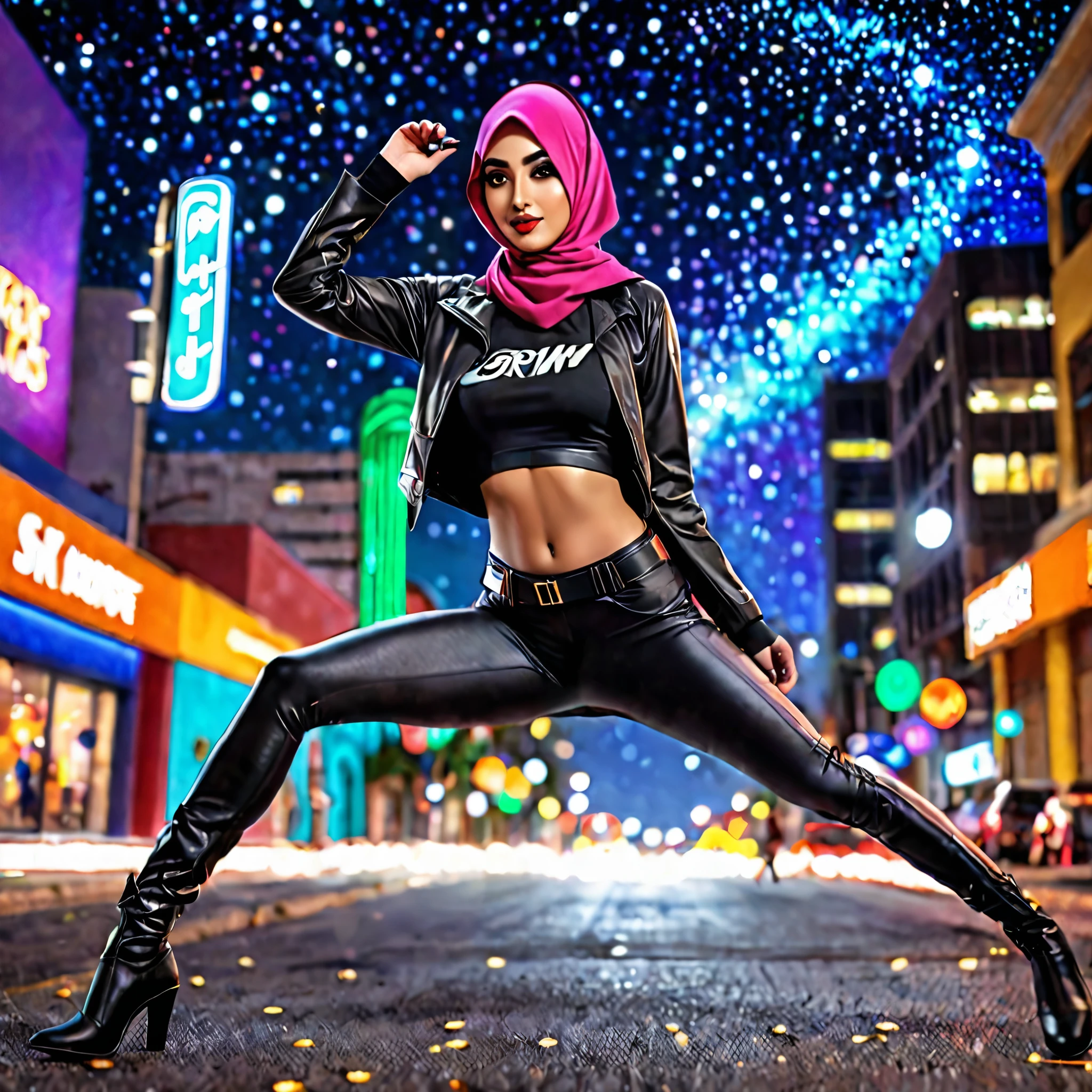 (best quality,4k,highres,masterpiece:1.2),ultra-detailed,realistic:1.37,a super heroine,athletic,cute face, crow themed makeup, hijab,beautiful detailed eyes,beautiful detailed lips,extremely detailed eyes and face,long eyelashe,malaysian:1.1 (age 28),crow themed costume and gimmicks,stopping a bank robbery,dynamic pose,vivid colors,starry night background,HDR,studio lighting,physically-based rendering,sharp focus,bokeh,colorful palette, (Show her from head to toe, full body shot, show her entire body)