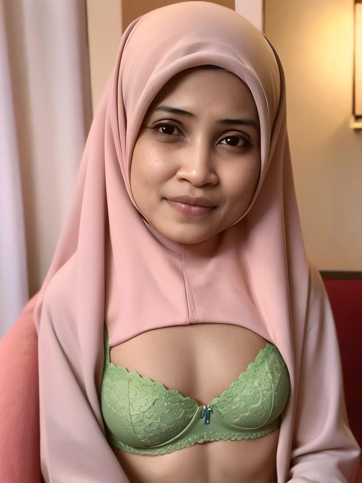 Very Thin body (Wearing Bra Lingerie), (((HIJAB MALAY GIRL))), masutepiece, High quality, UHD 32K, Realistic face, Realistic skin feeling , A Malay Lady, 48 years old, , Very cute and baby-like face, (((FLAT CHEST))), (MATRIX WORLD), ((look In front at the camera and SADNESS)), ((())), (((CUTE GIRL))), ((BROWN LIPS)), ((PINK)), (undress). WEAR BRA LINGERIE, green, red, yellow, lace, (XL breasts),