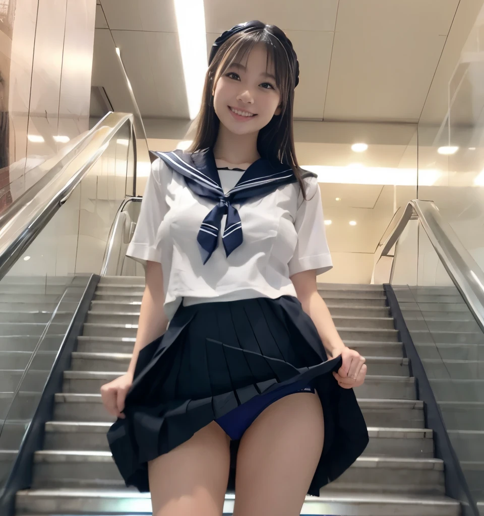 ((escalator))、lewd smile、(realistic、Photoreal:1.37)、(masterpiece)、(highest quality:1.4)、(超A high resolution:1.2)、(Raw photo:1.2)、(sharp focus:1.3)、(stand:1.2)、elegant、(Full body Esbian:1.2)、(A girl wearing a detailed sailor suit and pleated skirt:1.3)、Japanese 、(A 30-year-old cosplaying as a high school girl:1.1)、(smile:1.3)、(shine hair:1.3)、 brown haired、bob cut、 short pleated skirt、
(big breasts:1.2), escalatorの下から撮影、beautiful and delicate eyes、 see the beholder、escalatorの最下段から見上げるアングルで撮影、Secretly filming underwear under a skirt