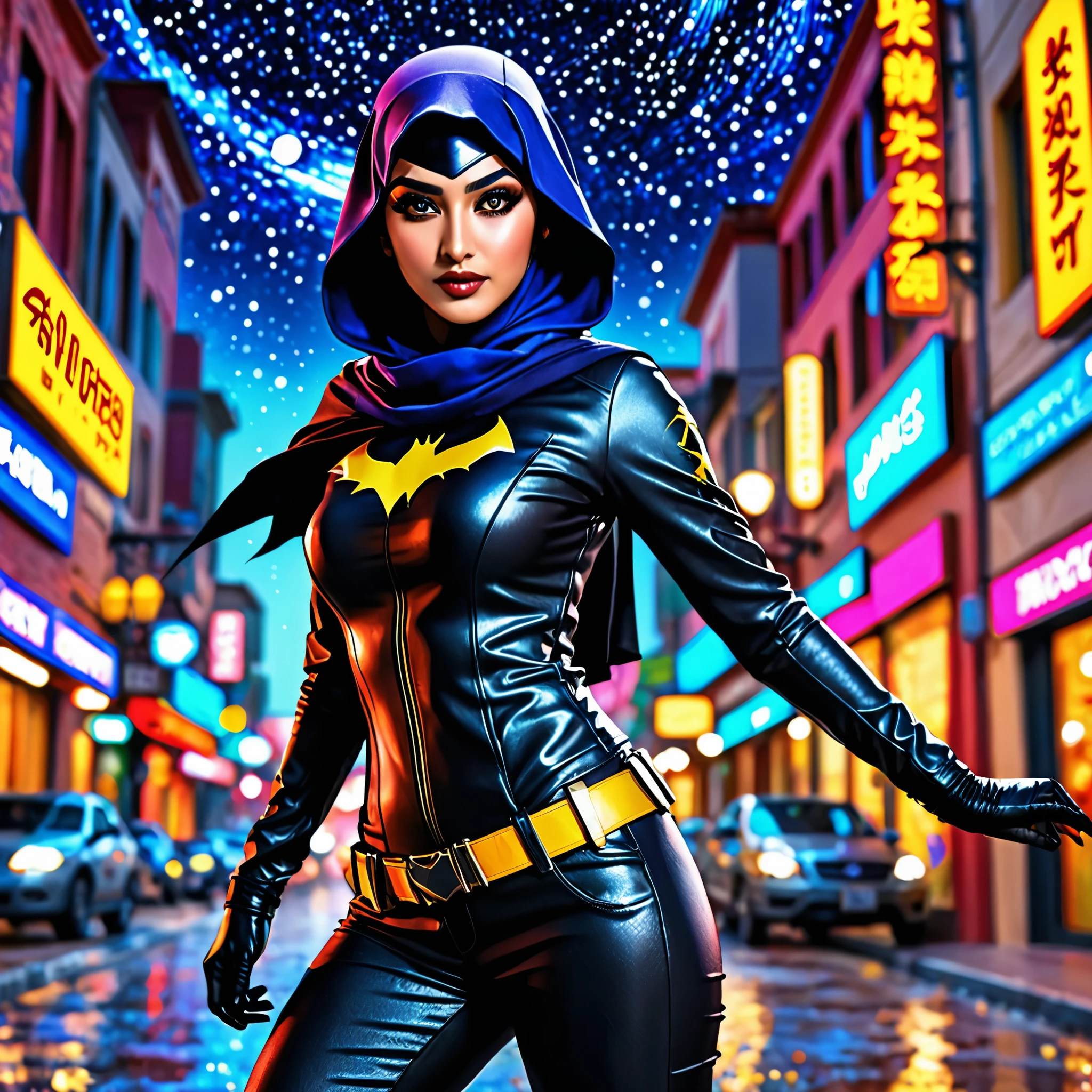 (best quality,4k,highres,masterpiece:1.2),ultra-detailed,realistic:1.37,a super heroine,athletic,cute face, crow themed makeup, hijab,beautiful detailed eyes,beautiful detailed lips,extremely detailed eyes and face,long eyelashe,malaysian:1.1 (age 28),crow themed costume and gimmicks,stopping a bank robbery,dynamic pose,vivid colors,starry night background,HDR,studio lighting,physically-based rendering,sharp focus,bokeh,colorful palette, (Show her from head to toe, full body shot, show her entire body)