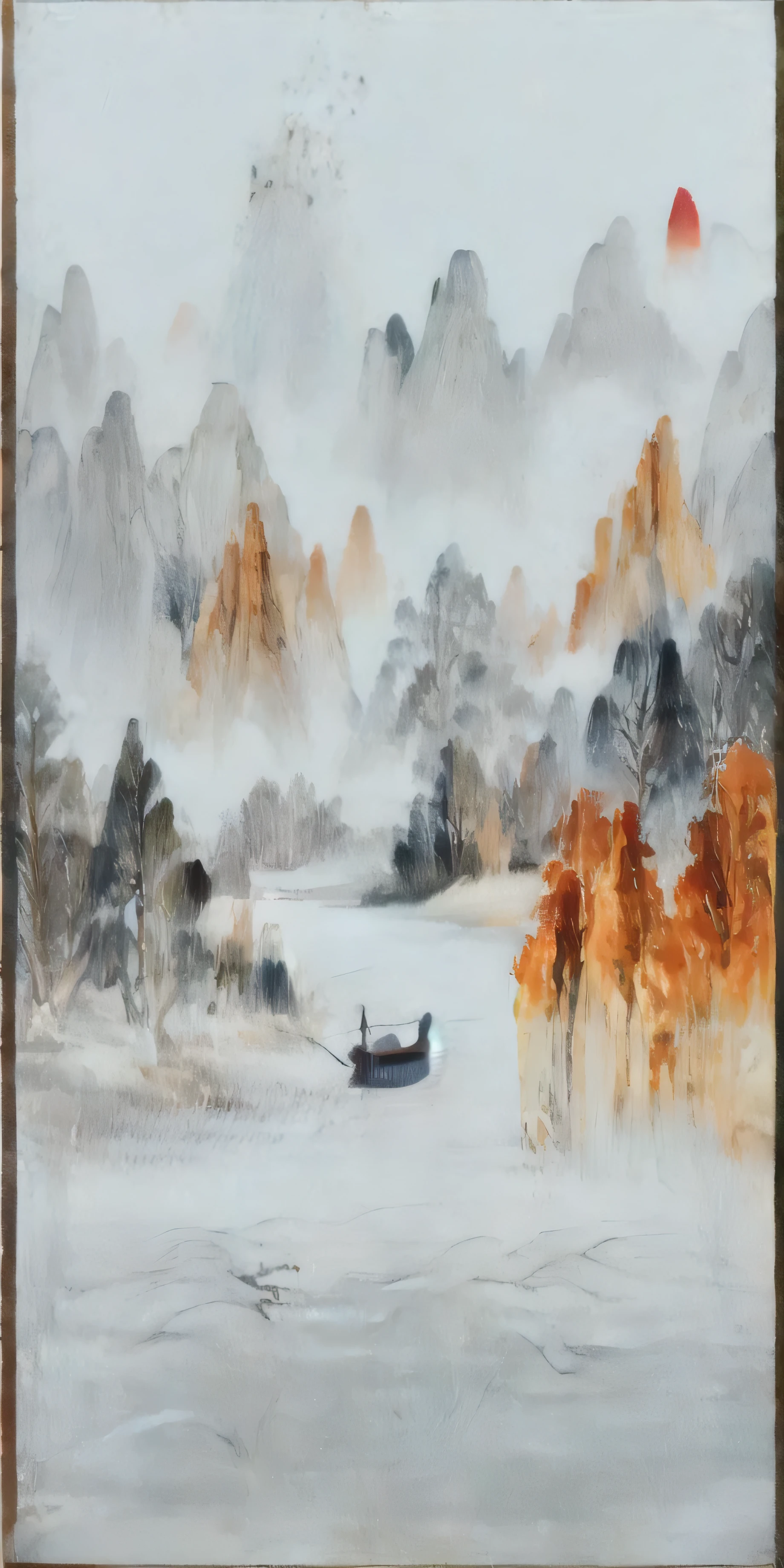 The painting depicts a boat sailing in the water，Mountains in the background, Detailed Landscape—Width 672, landscape art品, Chinese painting style, Chinese landscape, Inspired by Li Keran, Chinese watercolor style, landscape scenery, landscape art, Chiba Yudai, Chinese style, Classical landscape painting, landscape art detailed