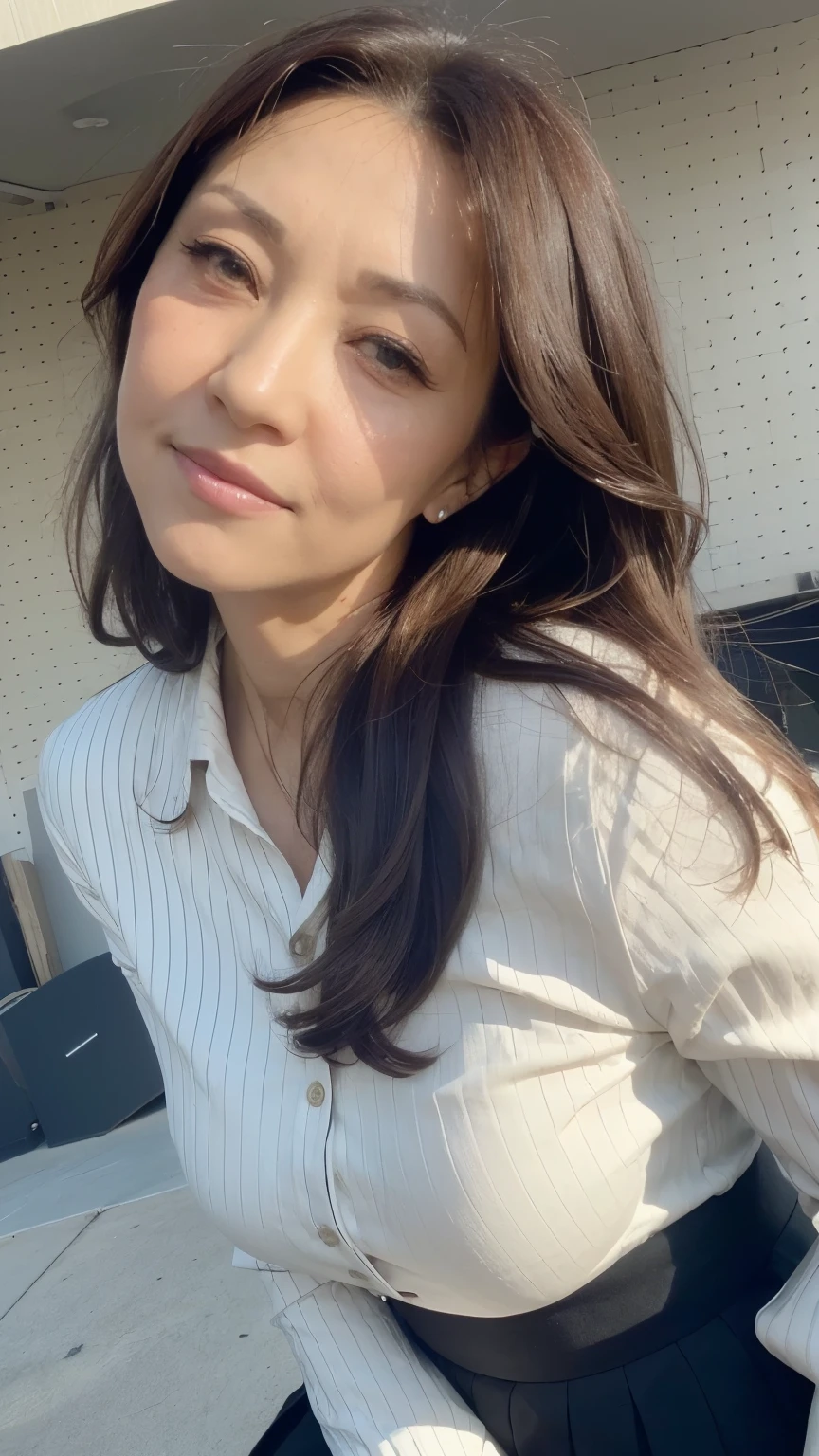 NSFW, ((Top Quality)), ((8K)), ((Masterpiece: 1.3)), (Perfect Appearance), (Photorealism: 1.6),
japanese woman, (58 years old), ((Realistic skin texture 1.8)), (Fine wrinkles throughout the skin: 1.3), (Dull skin: 1.1), (Skin without moisture: 1.2) , (Wrinkles on the face: 0.9), (Wrinkles on the corners of the eyes: 1.2), Double eyelids, tear bags on the lower eyelids, (Crying moles: 0.9), The eyes are looking here, serious gaze, (Dimples: 1.2), mouth wide open, eyes closed, short bangs, long hair, Waves on the ends of the hair, soft fabric blouse, (Plump and glamorous body), (wide sleeves), (Cuffs that fit your wrist), (The hem of the blouse is tucked into the skirt: 1.2), flare skirt, high heels, (focus on face: 1.3), (low angle),