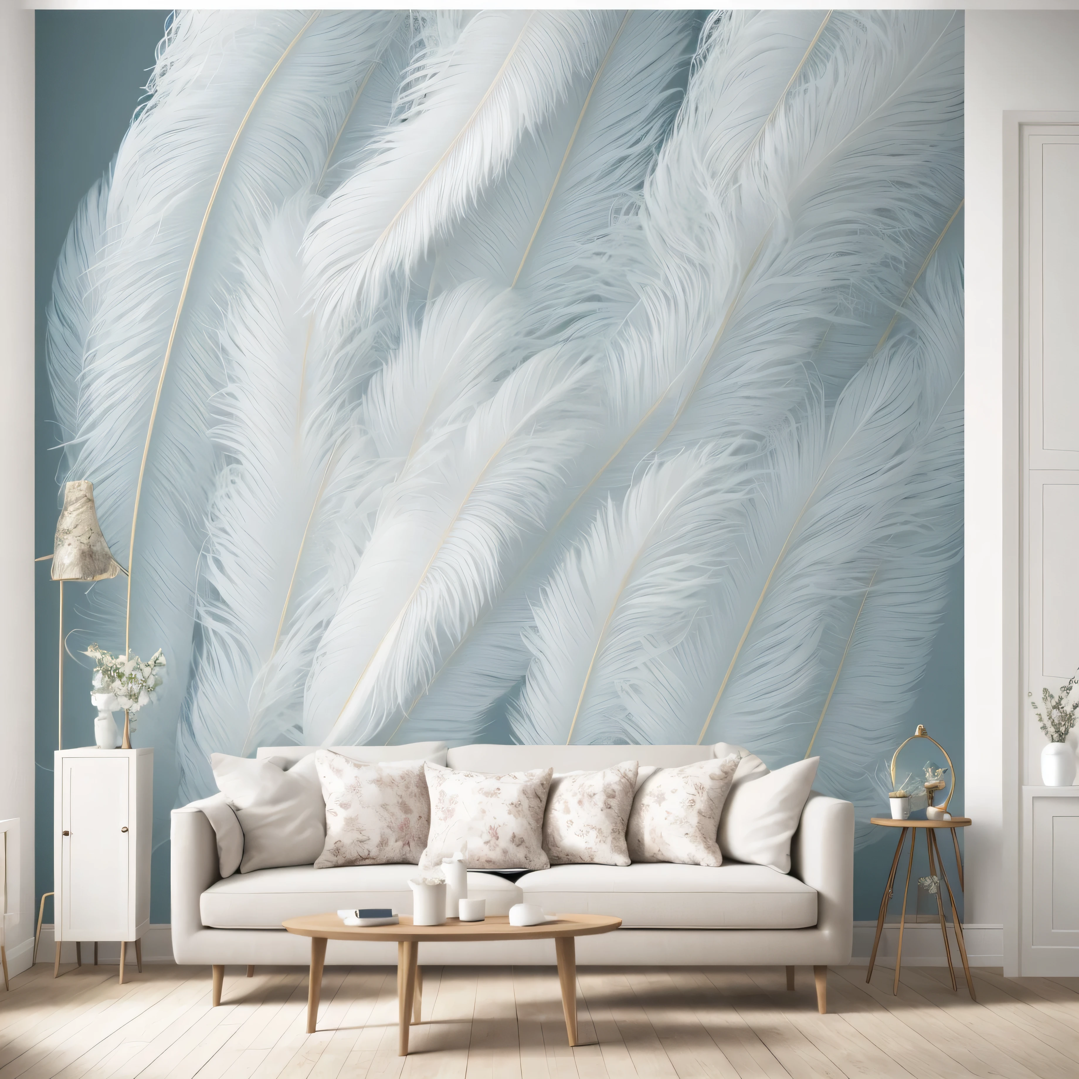 Arafed picture of living room with sofa and cabinets, soft feathers, feathers raining, Feather texture overlay, white feathers, Living room background wall, Transparent Feather, Soft scale texture, detailed feathered and fur, detailed feathered, Feathers flying, feathery down, beautiful feathers, mural, wallpaper, Albedo Texture, feather wings