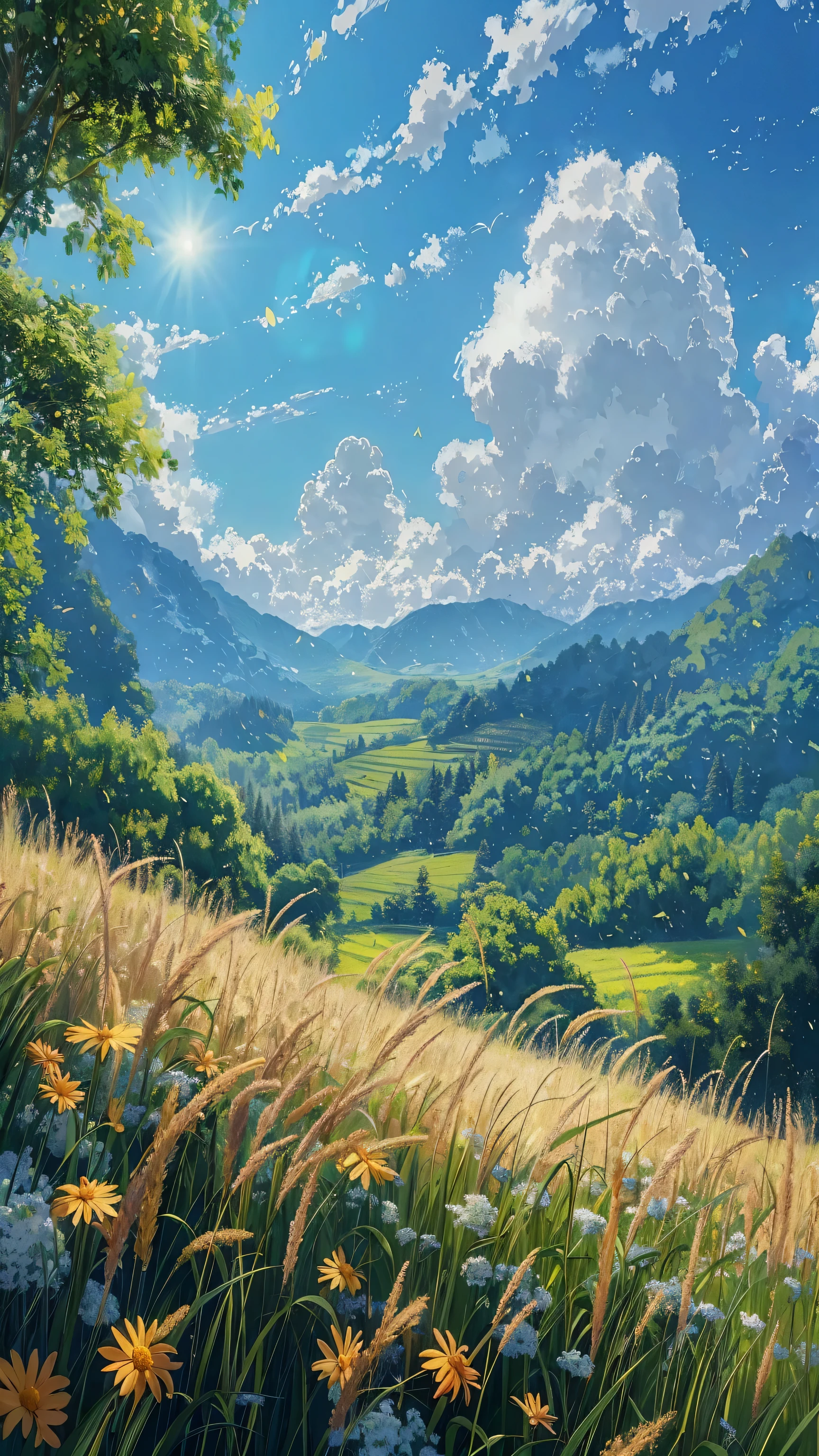 A painting of a field with flowers and trees in the background - SeaArt AI