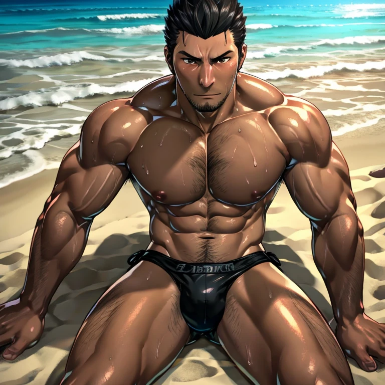 1boy,from above,cowboy shot,kiryu kazuma,black hair,black eyes,stubble,looking at the viewer,tanned sweaty muscles,wet glossy skin,completely naked,all black tight thong only,erecting huge bulge,breathing heavily,The whole body is covered with amounts of sweat.,sitting on beach,legs wide open,Steam from the whole body,summer tropical beach,gay,sexy,hairy pubic hair,realistic bulge,heavy testicle suck,sexy,hairy armpit hair,