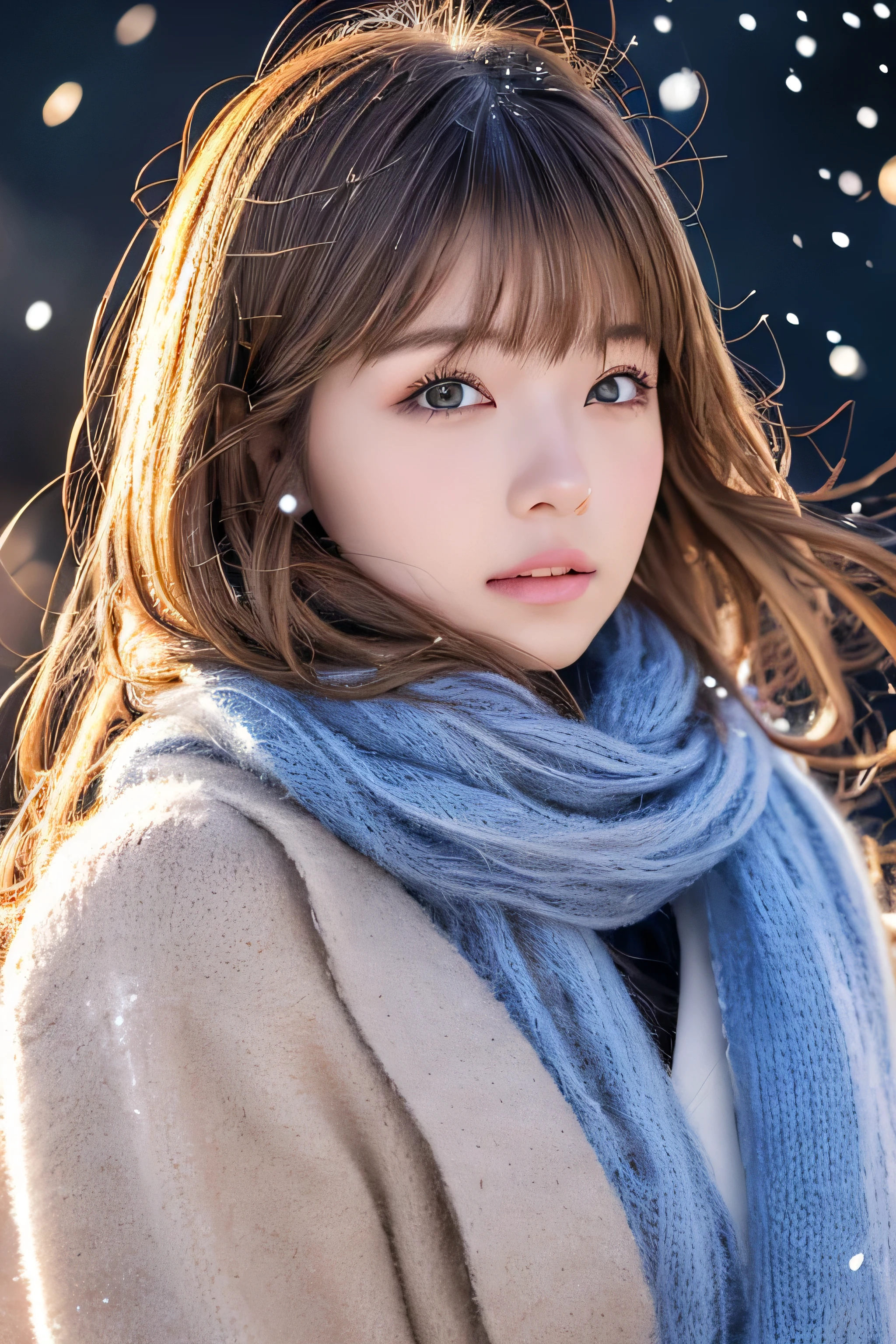 ((hair blowing in the wind、No makeup:1.2))、(realistic、Photoreal、super detailed、best detailed skins、highest quality、masterpiece、超A high resolution)、cute russian woman、14 years、high school girl、young girl、1 girl、have bangs、ash blonde:1.7、double eyelid、drooling eyes、Japanese style face、purity、realistic skin type、thick muffler、Gray muffler、fluffy hair、((There's hair in the scarf:1.3))、red cheeks、The wind is blowing、It's snowing、night、illumination、lighting from behind、hair blowing in the wind