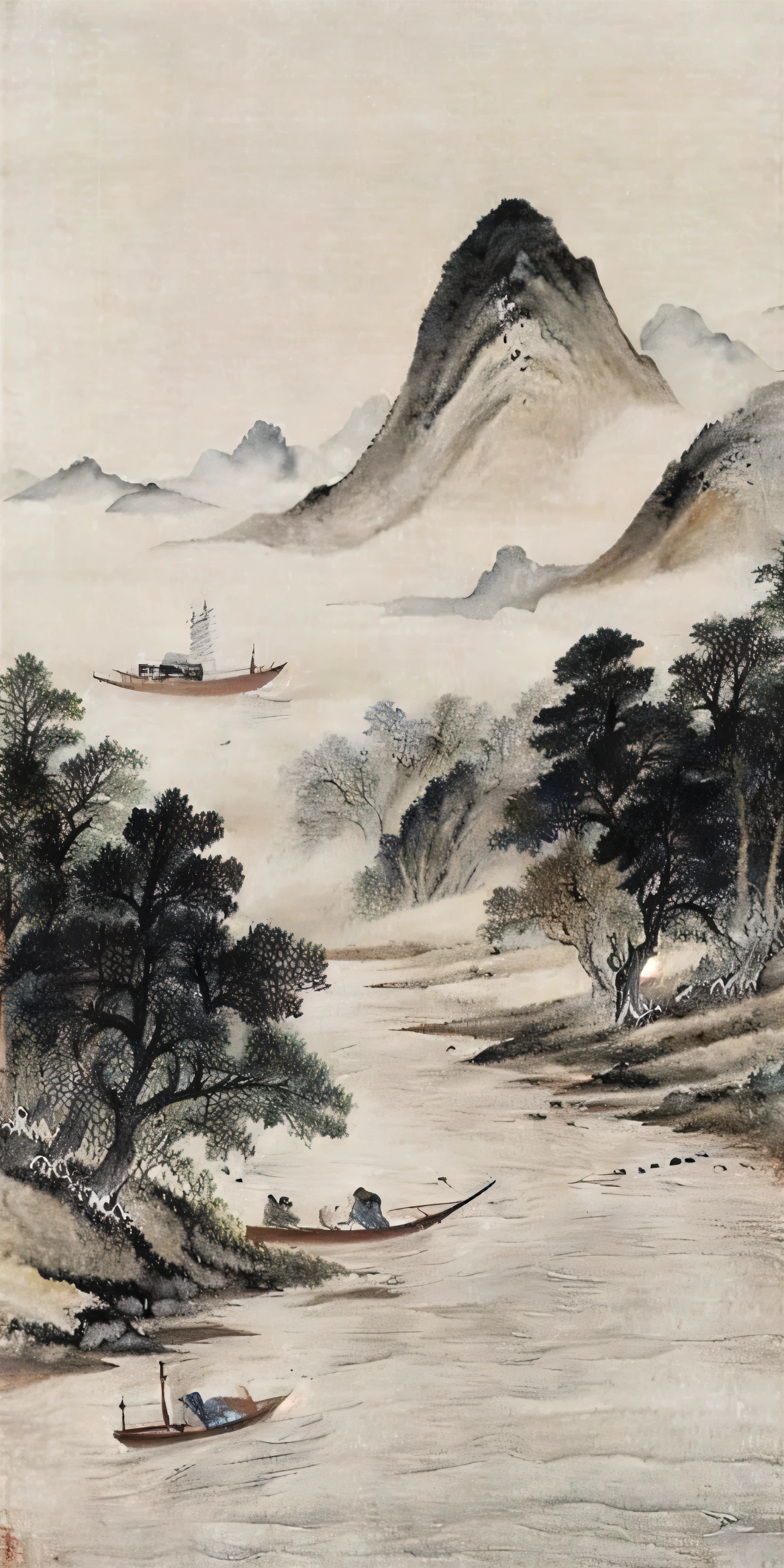 The painting depicts a boat sailing in the water，Mountains in the background, Detailed Landscape—Width 672, landscape art品, Chinese painting style, Chinese landscape, Inspired by Li Keran, Chinese watercolor style, landscape scenery, landscape art, Chiba Yudai, Chinese style, Classical landscape painting, landscape art detailed