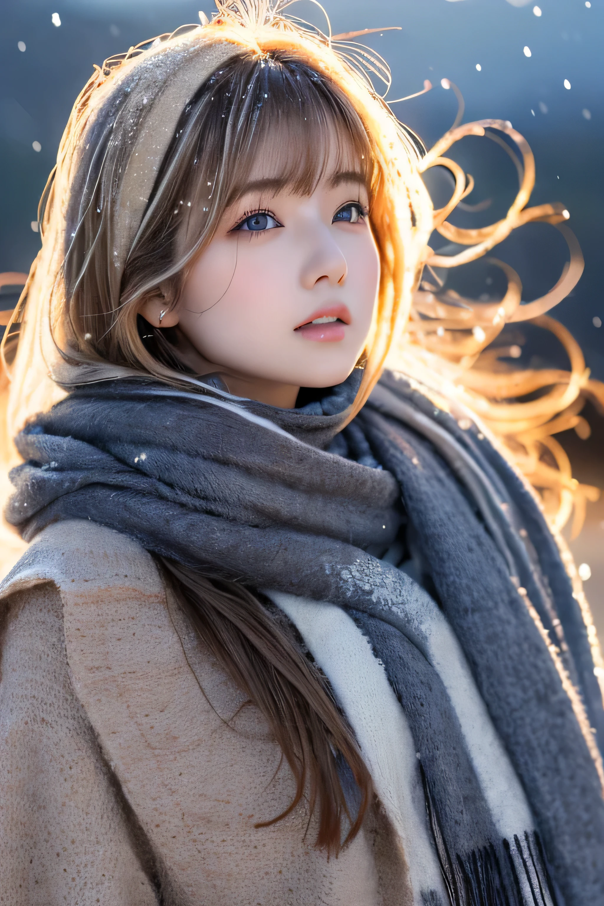 ((hair blowing in the wind、No makeup:1.2))、(realistic、Photoreal、super detailed、best detailed skins、highest quality、masterpiece、超A high resolution)、cute russian woman、、high school girl、young girl、1 girl、have bangs、ash blonde:1.7、double eyelid、drooling eyes、Japanese style face、purity、realistic skin type、thick muffler、Gray muffler、fluffy hair、((There's hair in the scarf:1.3))、red cheeks、The wind is blowing、It's snowing、night、illumination、lighting from behind、hair blowing in the wind