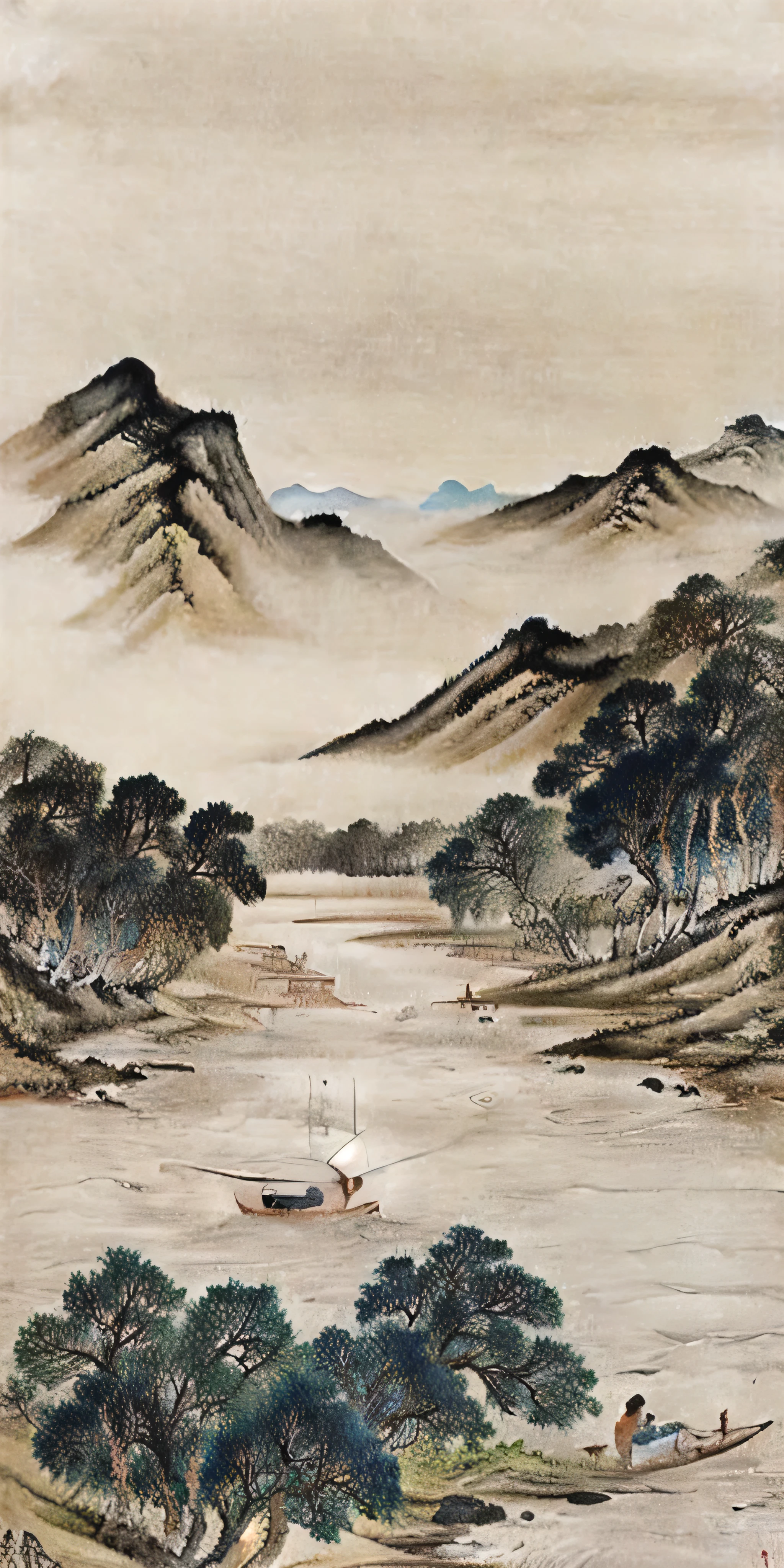 The painting depicts a boat sailing in the water，Mountains in the background, Detailed Landscape—Width 672, landscape art品, Chinese painting style, Chinese landscape, Inspired by Li Keran, Chinese watercolor style, landscape scenery, landscape art, Chiba Yudai, Chinese style, Classical landscape painting, landscape art detailed