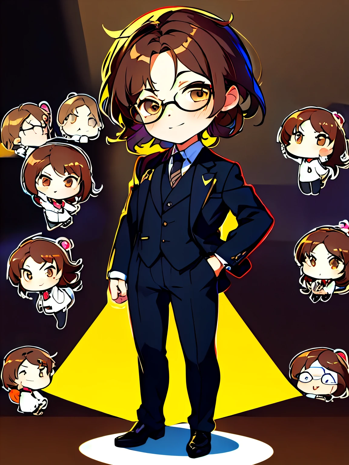 masterpiece、top-quality、ultra-detailliert、bartender、Solo Man、bar、(chibi:1.4), (emote:1)、((fullbody)), 1boy in black suit jacket, Medium long brown hair, dark brown eyes, Standing、black-frame glasses，goatee、center parted haircut、Hairstyles in which the ears are hidden