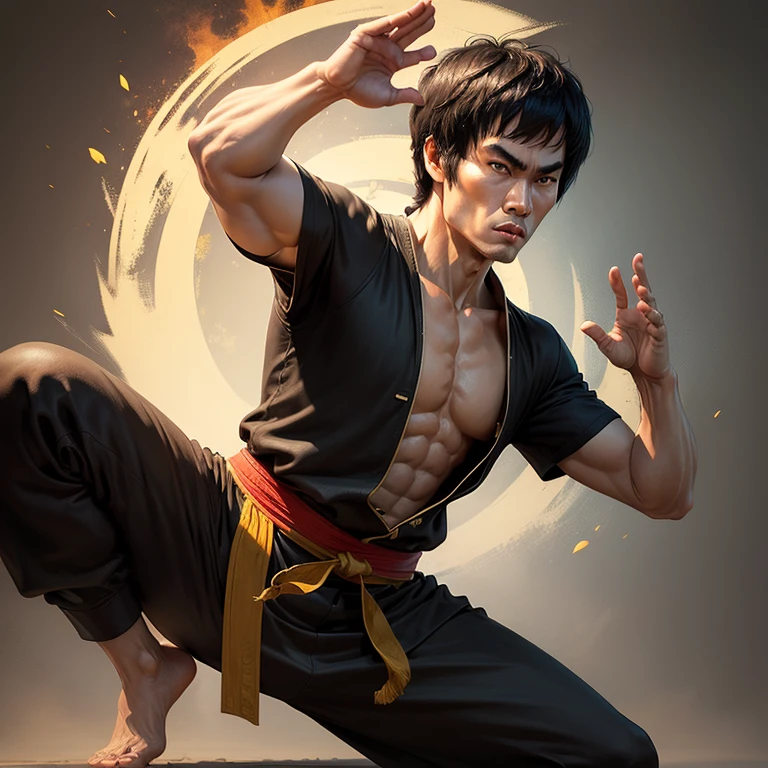 Kung Fu Master, Bruce Lee, hands in the air in kung fu style stance