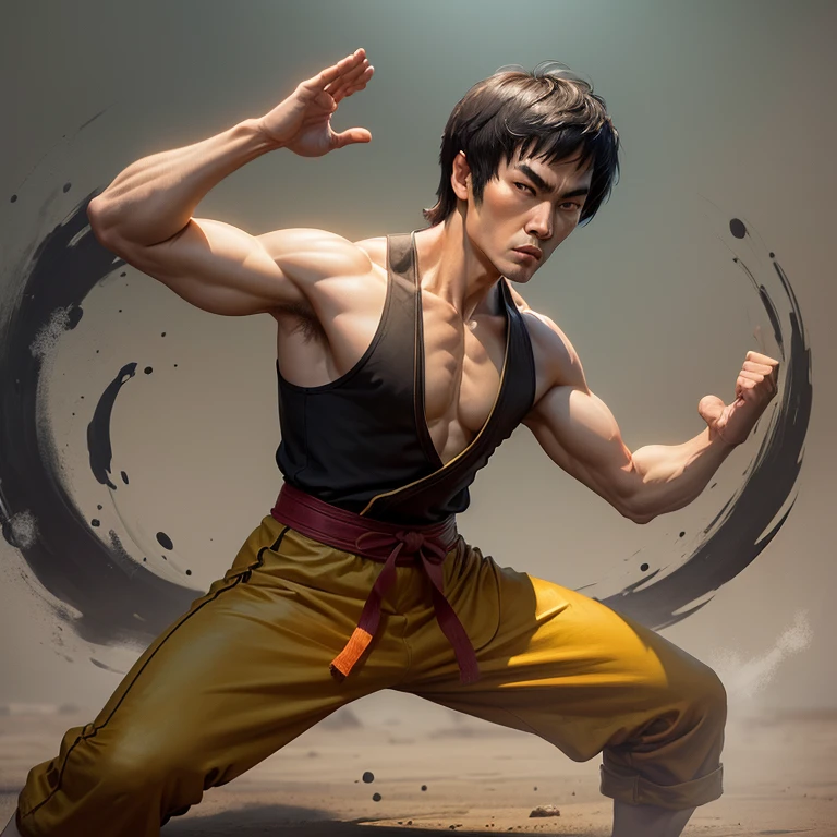 Kung Fu Master, Bruce Lee, hands in the air in kung fu style stance 