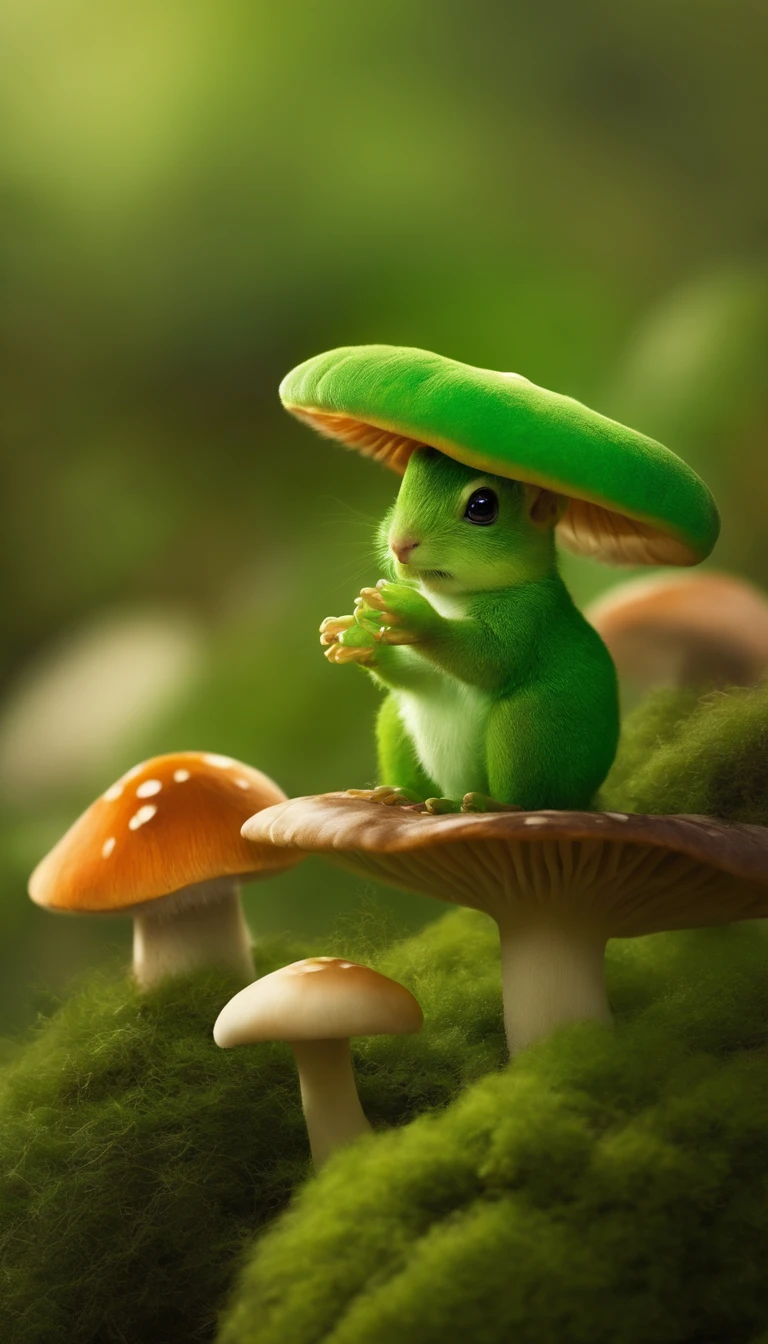 adorable green creature,Semelhante a uma mistura de coelho e cenoura, cute, fofo, peludo, Felpudo, Floresta, Cogumelos, Wear a mushroom hat