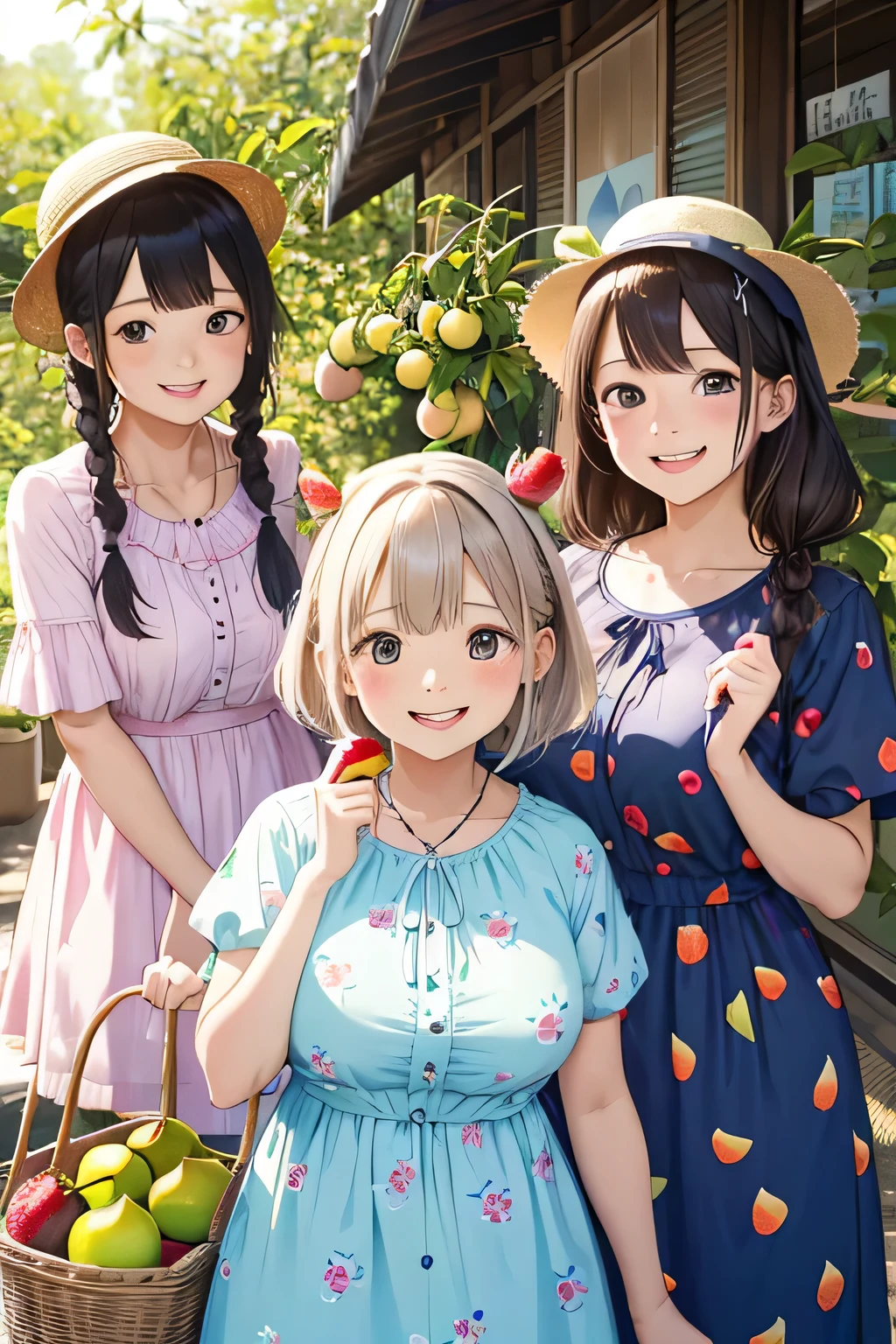(highest quality:1.4)、(High resolution)、detailed background、(detailed beautiful face:1.4)、(anatomically correct)、((detailed facial expressions))、beautiful and smooth skin、beautiful teenage girl、three beautiful girls、(huge breasts:1.3)、cute hair color、braided bob、braided ponytail、realistic、perfect body line、cowboy shot、A big smile、Looks like a fun atmosphere、laughing、smiling、cute、
(Three women enjoying fruit picking:1.5)、
Try incorporating fruit-printed clothing and accessories to create a cute look.、
Wear a dress or top with a fruit print、Use fruit-patterned hair bands and hairpins to create cute hairstyles.、Bring a cute basket bag to match the natural atmosphere.、You can also add a basket hat to make it even cuter.、At the fruit picking area, take a basket and enter the fruit fields to choose your favorite fruit.、They enjoy picking fruit and smiling while enjoying the harvest.、Posing with fruit makes for a cute photo.、cute