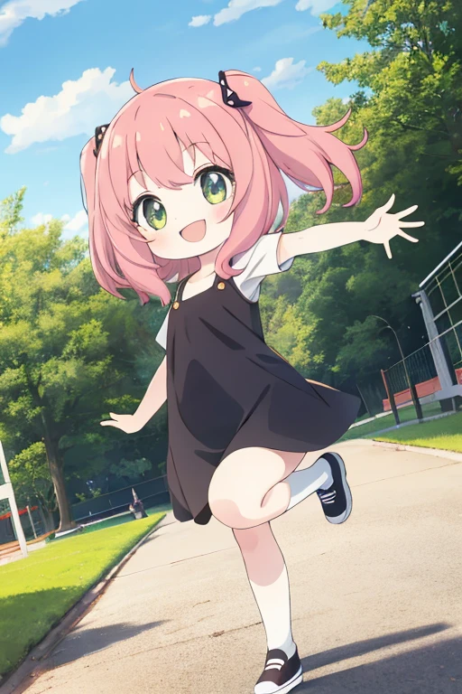 masterpiece, best quality,ultra detail,1girl ,ChopioAnya,smile,chibi,,outdoor,park,hairpin,dynamic pose,cinematic angle,kick