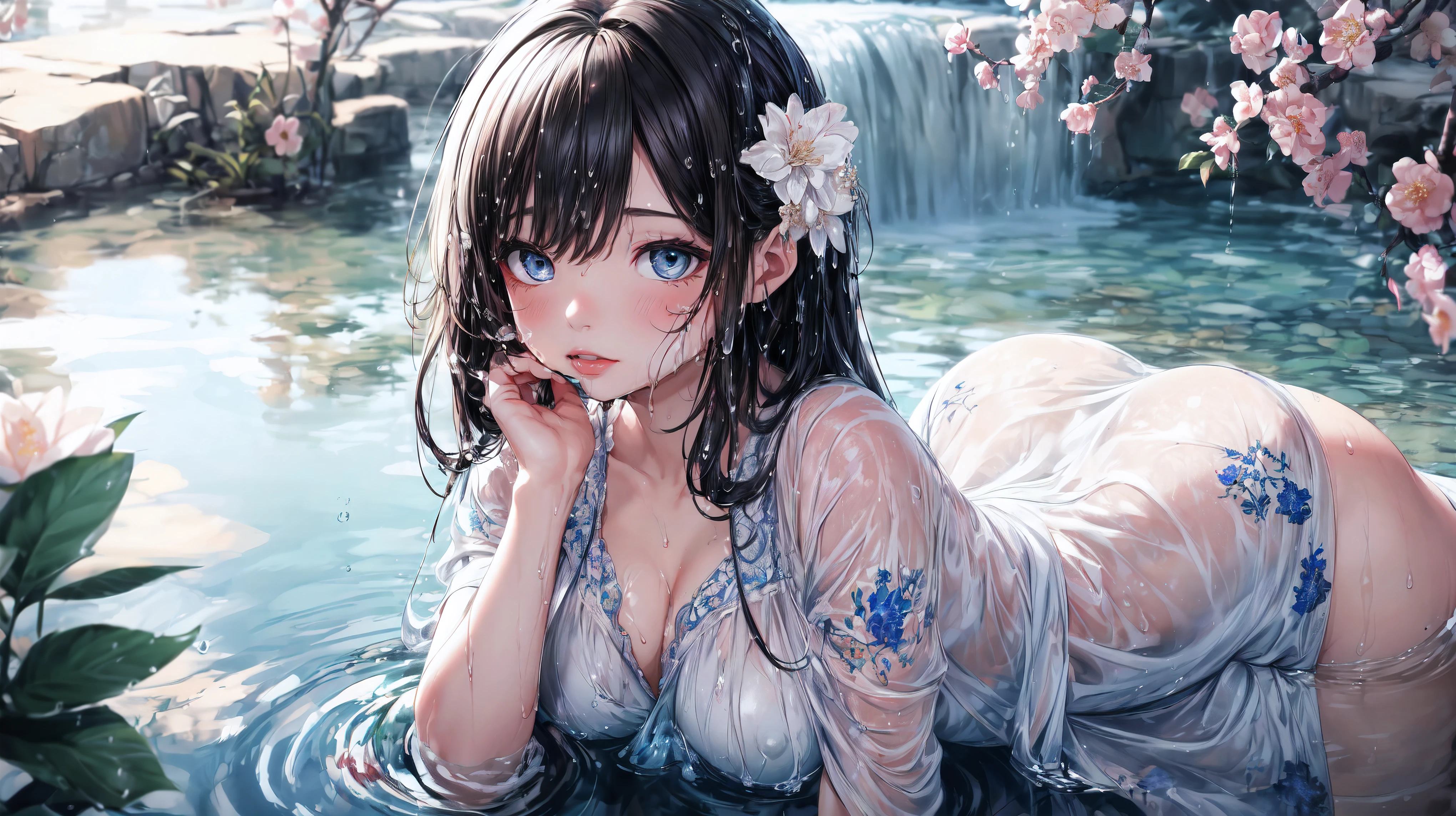 (best quality,highres,ultra-detailed,Pixiv:1.37),1 girl, full body, (7  girl:1.2), beautiful detailed eyes, beautiful detailed lips, girl wearing large silk dress, beauty complex pattern on dress, (wet, wet body, wet hair, wet skin, very wet silk dress, reflection on the wet silk dress, delicate blossom embroidery, subtle water droplets:1.15), (water spray:1.1), (silk dress, best dress wrinkle, Transparent mucus wrapping), Voluminous hair, soft lighting, (portraits), vivid colors, calm expression, look at viewer, peaceful scenery, clean and fresh feeling,Beautiful and detailed water