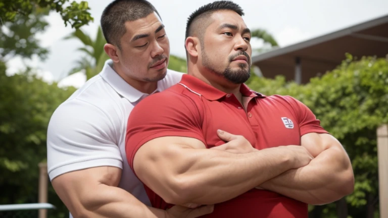 (looking away:1.2), (sexy look:1.2), (hugging each other:1.2), (polo shirt:1.2), (at playground:1.2), Japanese man, manly face, (round face:1.2), (monolid eyes:1.2), (crew cut:1.2), very large and strong body, bulky body, beefy muscles, (bulging muscles:1.2), (very large pectoral muscles:1.2), (muscular arms:1.2), muscular abs, muscular legs, muscular back, bright oily skin, (realistic:1.2), distant view