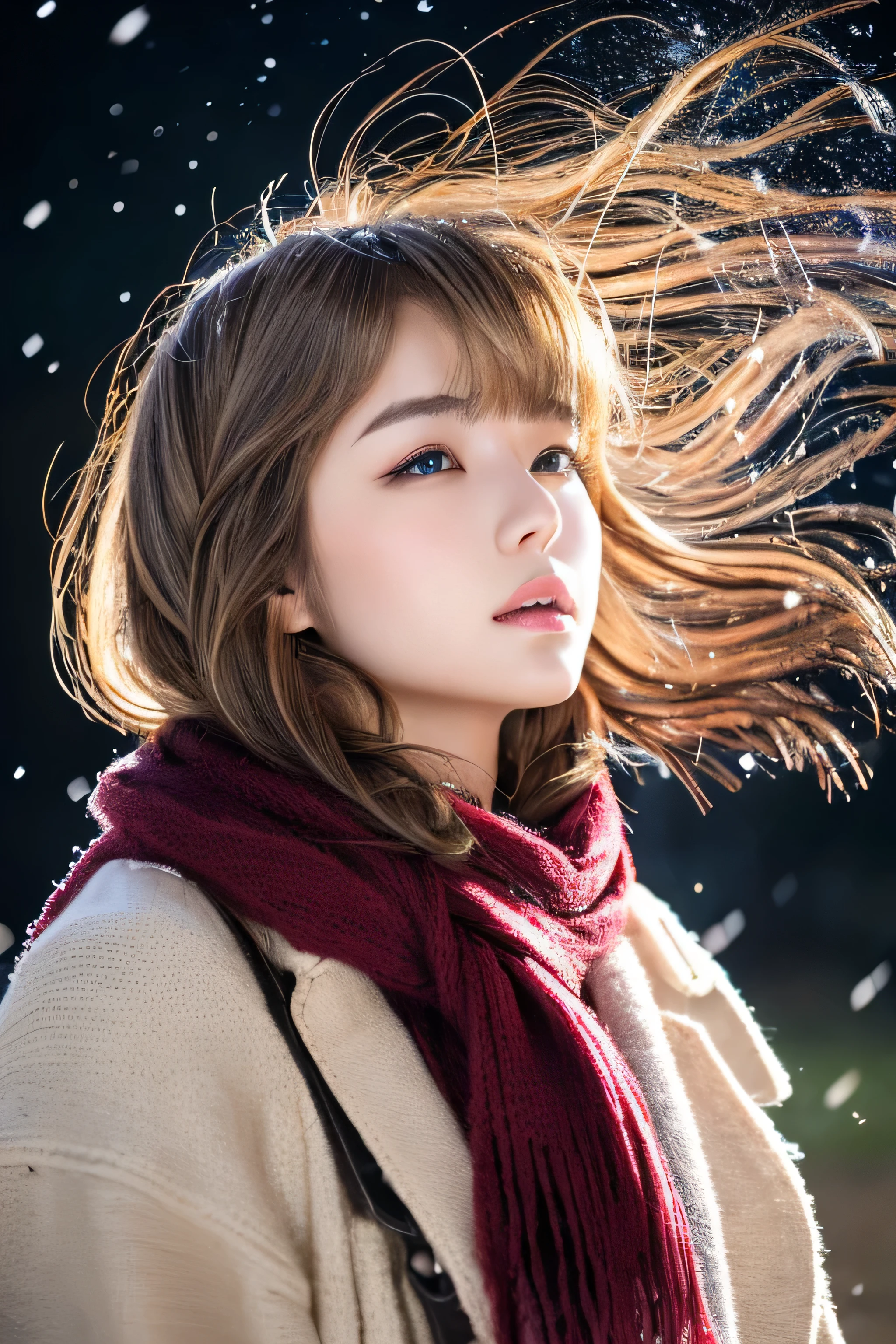 ((hair blowing in the wind、No makeup:1.2))、(realistic、Photoreal、super detailed、best detailed skins、highest quality、masterpiece、超A high resolution)、cute russian woman、、high school girl、young girl、1 girl、have bangs、ash blonde:1.7、double eyelid、drooling eyes、Japanese style face、purity、realistic skin type、thick muffler、Gray muffler、fluffy hair、((There&#39;s hair in the scarf:1.3))、red cheeks、The wind is blowing、It&#39;s snowing、night、illumination、lighting from behind、hair blowing in the wind
