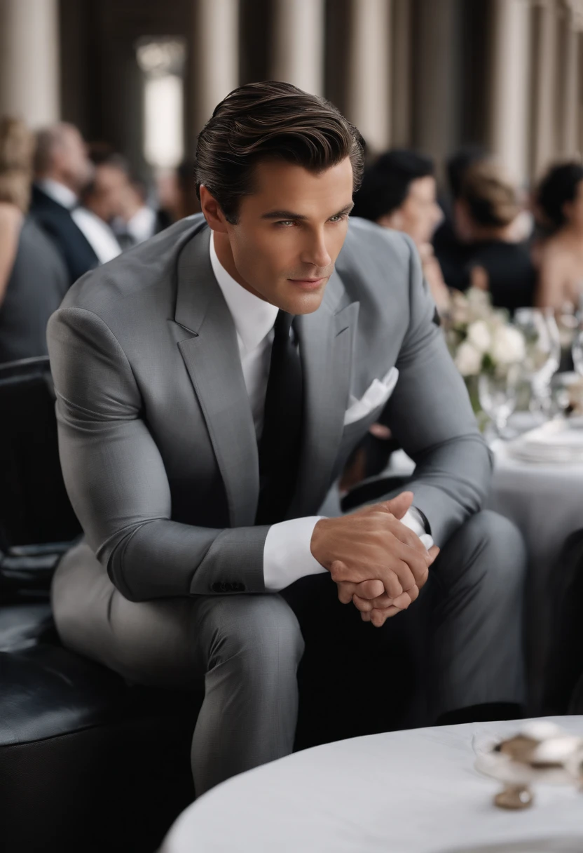 A photo of Bruce wayne attending a posh charity luncheon, Socializing with high society elites.,batman,Bruce wayne, the man behind the batman persona, Tall and eye-catching, Athletic body and sharp, Handsome facial features, Always wear your best suit,In keeping with his billionaire status. His dark hair and sharp eyes give him a majestic temperament., But there is always a hint of mystery in his demeanor., male