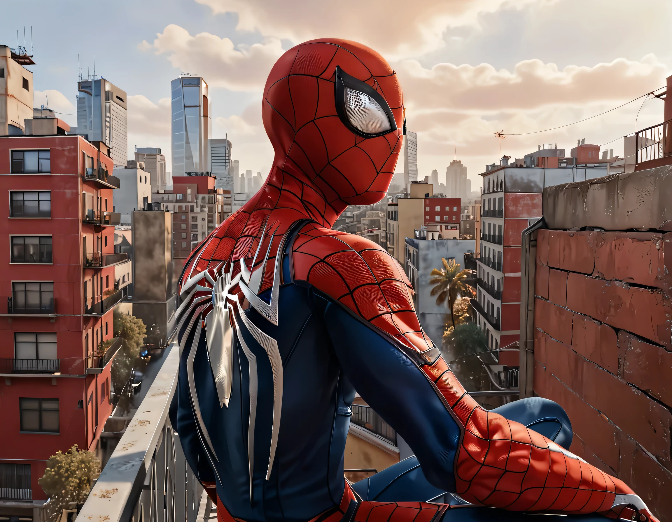 (best quality,4k,highres,masterpiece:1.2),ultra-detailed,(realistic:1.37),1boy,red bodysuit,solo,sitting in a balcony,viewed from behind,upper body,looking away from viewer,viewing cityscape,mask,spider web print,soft natural daylight,photography,deep colors,subtle shadows