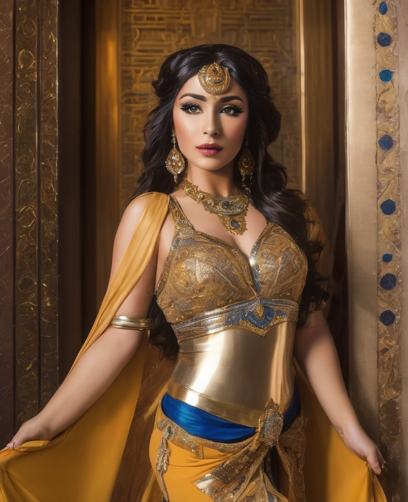 Arabian woman in gold dress posing inside a building, ローマのgoddess, ギリシャのgoddess, 美しいgoddess, in costume, 黄金のgoddess, she is dressed as a belly dancer, egyptian princess, dressed in roman clothes, goddessの女王, persian queen, Elegant and glamorous cosplay, princess of persia, arabian princess, 若いgoddess, インドのgoddess, goddess, gorgeous woman, beautiful costume