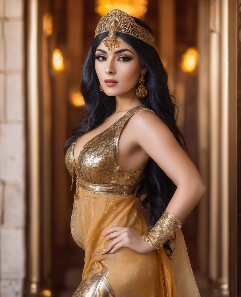 Arabian woman in gold dress posing inside a building, ローマのgoddess, ギリシャのgoddess, 美しいgoddess, in costume, 黄金のgoddess, she is dressed as a belly dancer, egyptian princess, dressed in roman clothes, goddessの女王, persian queen, Elegant and glamorous cosplay, princess of persia, arabian princess, 若いgoddess, インドのgoddess, goddess, gorgeous woman, beautiful costume