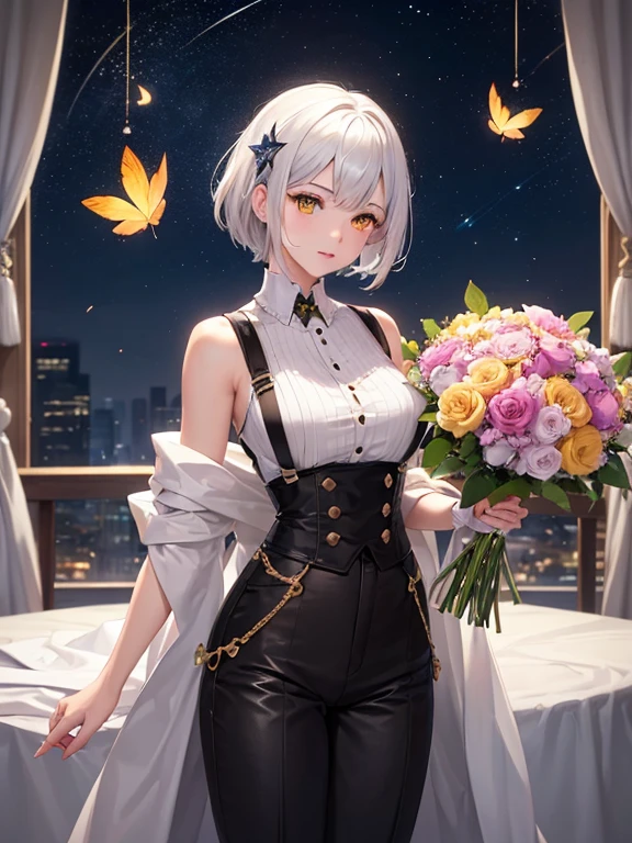 (Highly detailed CG Unity 8K wallpaper, highest quality, masterpiece), ((4k, masterpiece, highest quality)), adult woman, shiny white hair,wolf cut,short hair, hair loss, shawl, yellow eyes, full of stars,Ꭲshirt,Leaf pattern scattered on long pants, Pink butterflies flying around, Hotel, star curtain, star hair ornament, suspenders,Unreal,holding a bouquet of flowers,Shoot from a distance