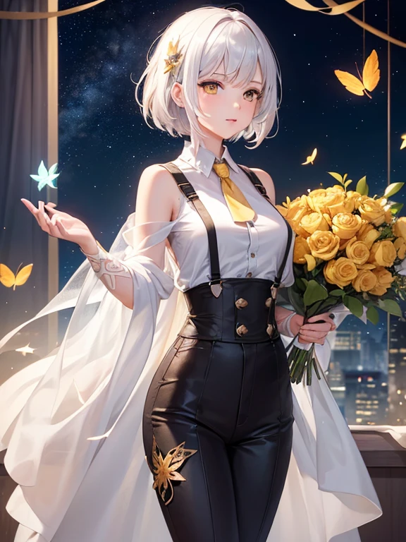 (Highly detailed CG Unity 8K wallpaper, highest quality, masterpiece), ((4k, masterpiece, highest quality)), adult woman, shiny white hair,wolf cut,short hair, hair loss, shawl, yellow eyes, full of stars,Ꭲshirt,Leaf pattern scattered on long pants, Pink butterflies flying around, Hotel, star curtain, star hair ornament, suspenders,Unreal,holding a bouquet of flowers,Shoot from a distance