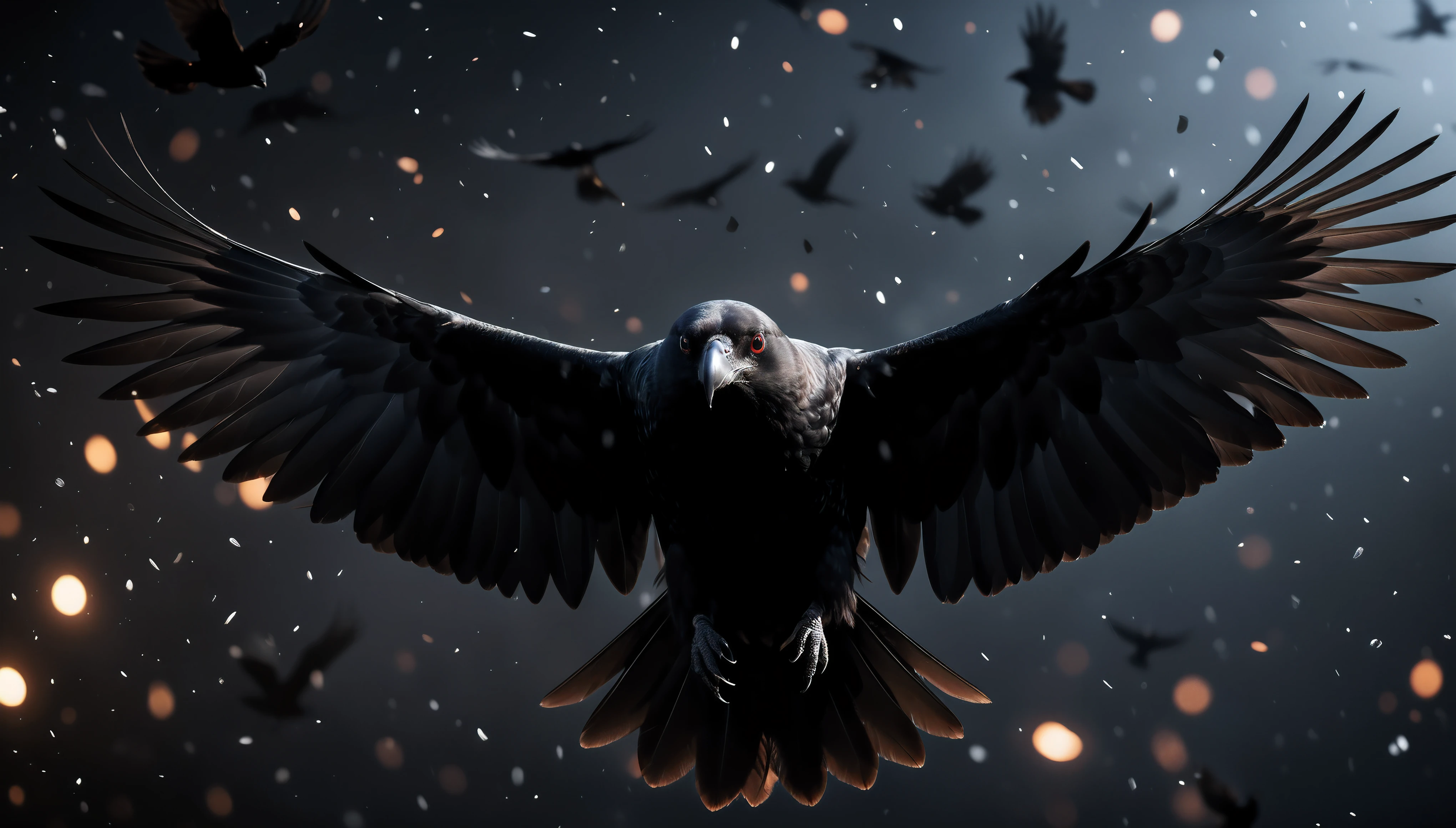 ((Masterpiece in maximum 16K resolution):1.6),((soft_color_photograpy:)1.5), ((Ultra-Detailed):1.4),((Movie-like still images and dynamic angles):1.3). | (Macro shot cinematic photo of a Crow flying in a clear sky), ((Exotic black bird):1.2), ((a crow flying):1.1), (A clear sky), (macro lens), (black feathers), (Mysterious atmosphere), (shimmer), (visual experience),(Realism), (Realistic),award-winning graphics, dark shot, film grain, extremely detailed, Digital Art, rtx, Unreal Engine, scene concept anti glare effect, All captured with sharp focus. | Rendered in ultra-high definition with UHD and retina quality, this masterpiece ensures anatomical correctness and textured skin with super detail. With a focus on high quality and accuracy, this award-winning portrayal captures every nuance in stunning 16k resolution, immersing viewers in its lifelike depiction. | ((perfect_composition, perfect_design, perfect_layout, perfect_detail, ultra_detailed)), ((enhance_all, fix_everything)), More Detail, Enhance.