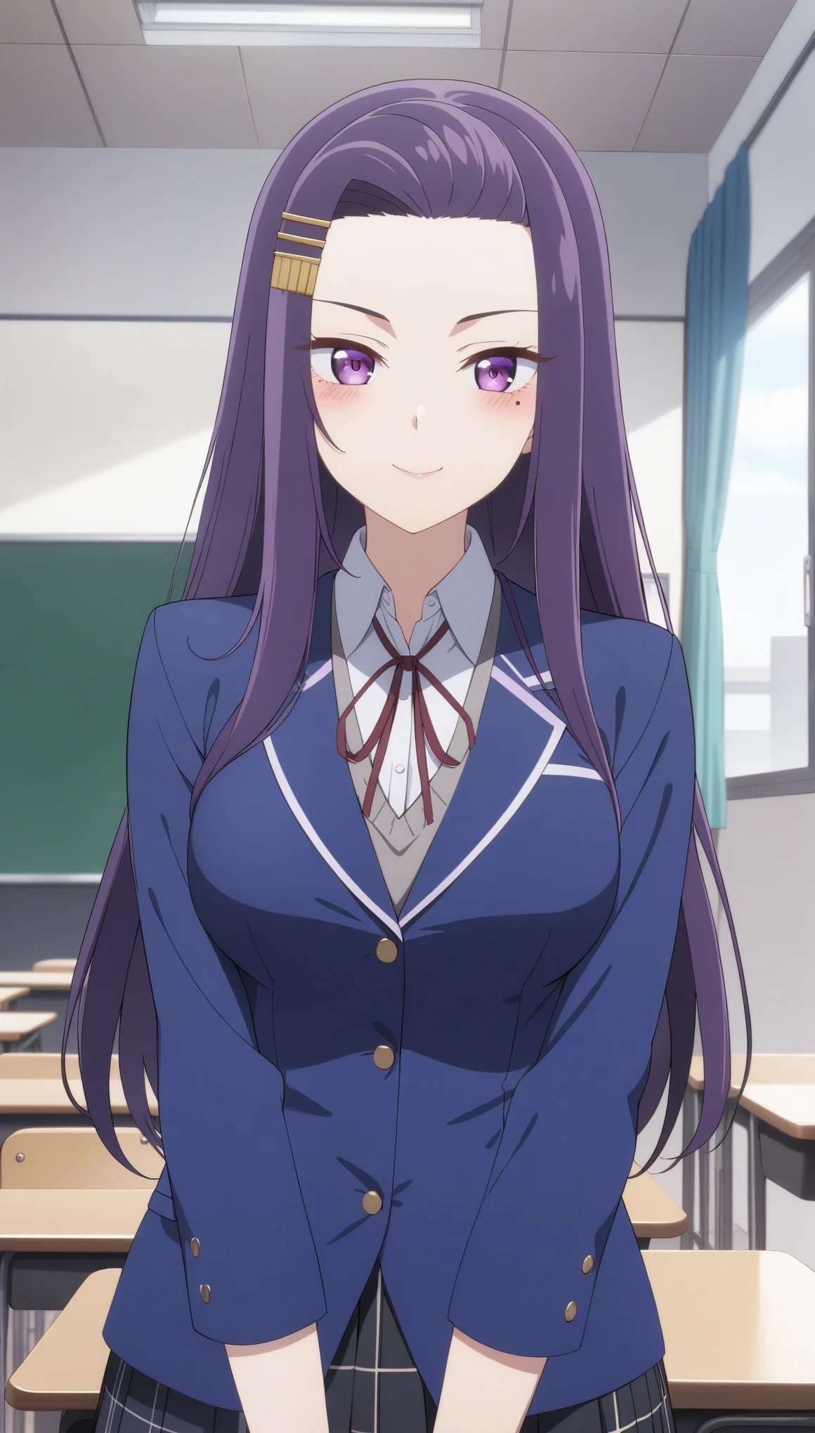 (masterpiece, best quality, very aesthetic, ultra detailed), intricate details,
1girl, sayuriakino, purple eyes, long hair, purple hair, forehead, hair ornament, hairclip, mole under eye, blue jacket, blush, smile, , indoors, classroom, looking at viewer,  