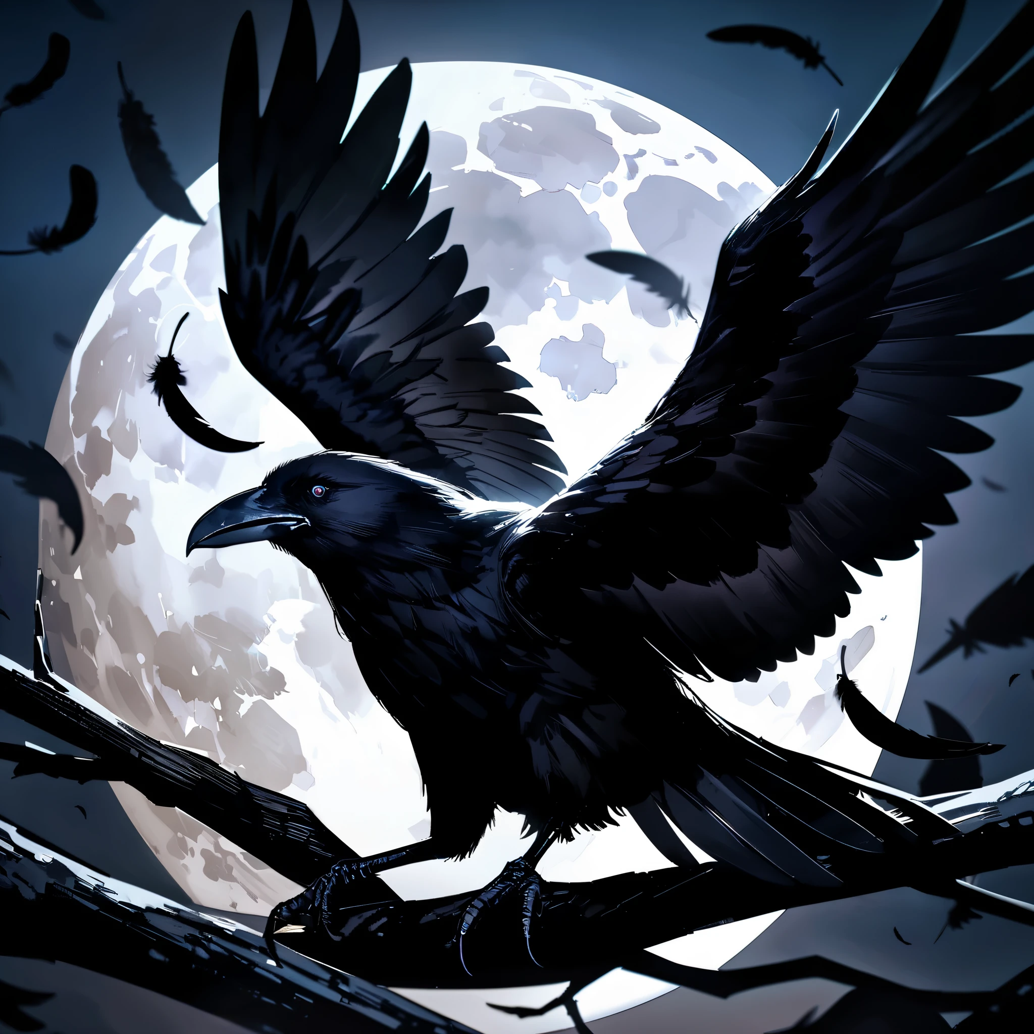 best quality,4k,8k,highres,masterpiece:1.2,ultra-detailed,realistic:1.37,((crow)),dark,intense,ominous,feathers,sharp beak,penetrating eyes,black glossy feathers,majestic wings,perched on a branch,silhouette against the moon,moonlight casting shadows,eerie glow,dramatic lighting,crow in flight,close-up of feathers,Crow's landing,full moon,moonlit night,haunting vibe,contrast and texture,vivid colors,contrast between black feathers and moonlight