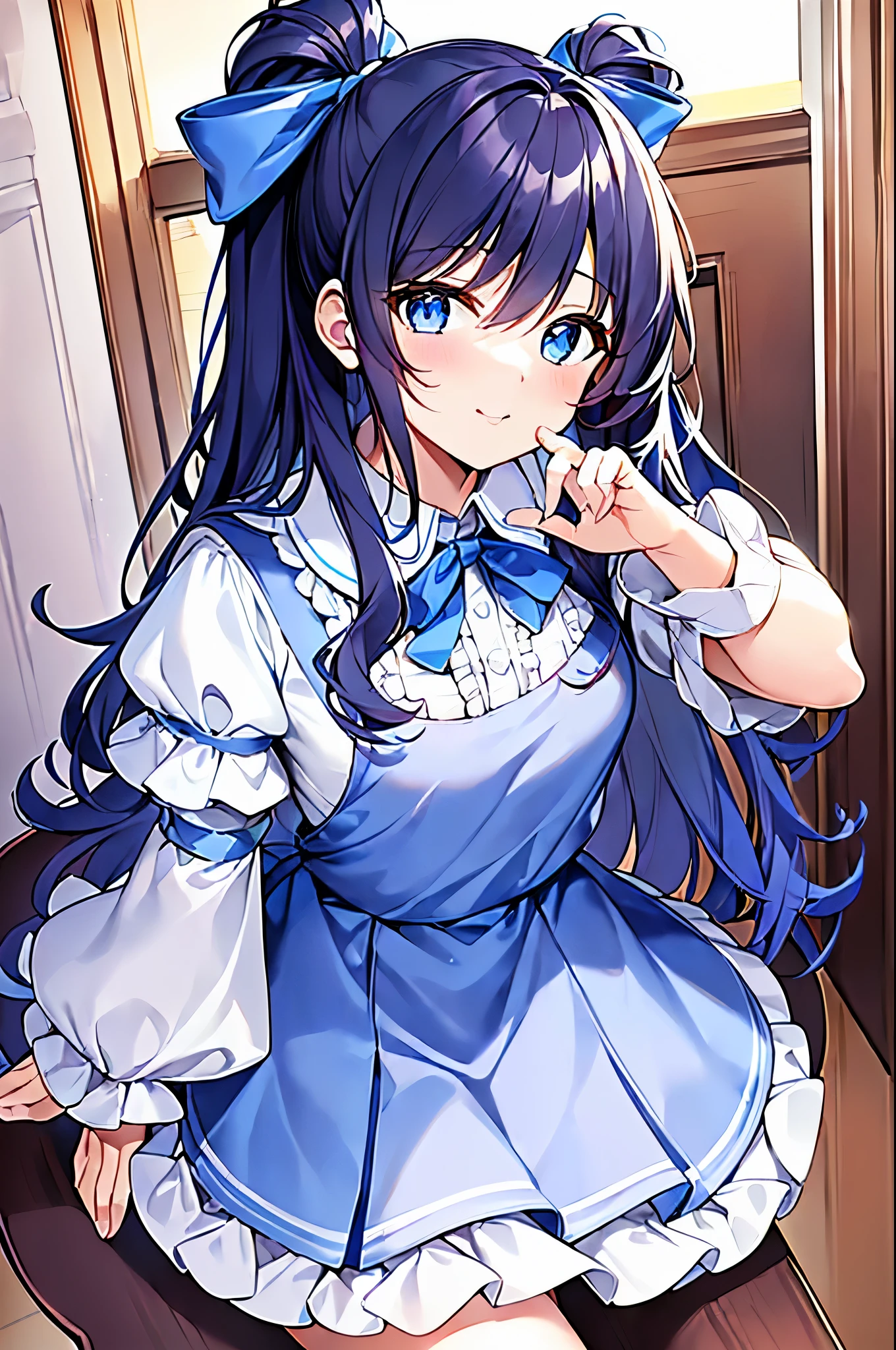 (((masterpiece))), (((highest quality))), (((ウルトラ - High resolution))), (((High resolution))), (((Super technique illustration))), (dark blue hair), (from below:1.4), (one girl), (walk), (very cute super thick long sleeve blouse in pale pink color:1.3), (White ruffles on pleated skirt:1.4), (girl:1.5), (child:1.4), (fold your hands in front of your chest:1.3), (Very long dark blue sideburns), very cute, Moe anime style, (cowboy shot:1.2), (Extra Ultra Flat Chest:1.5), (very small breasts:1.5), (Extra-thick long-sleeved blouse:1.2), (very cute super thick long sleeve blouse in pale pink color:1.3), (white socks:1.2), (White ruffles on pleated skirt:1.2), (girl:1.5), (Extra Ultra Flat Chest:1.1), (very small breasts:1.2), Transparent facial depiction, highly detailed eye depiction, (Dark blue straight long hair:1.3), (Simple hair clip:1.2), (Super long and thick sideburns of dark blue color:1.4), (laughter:1.3), (Dark blue super wide front bangs:1.3), (Simple hair clip:1.1), (small blue eyes:1.2), (((clear eyes))), sparkling eyes, (slightly droopy eyes:1.3), (Super thick sideburns and super long sideburns:1.1), (Super long and thick sideburns:1.1), (Extra Ultra Flat Chest:1.4), (very small breasts:1.4), (Ahoge:1.1), (Alice in Wonderland Cosplay:1.4), (Light Blue Ribbon Headband:1.3), (white apron with frills:1.4), (Very cute pose:1.2), (A very cute Alice in Wonderland costume:1.4), (cowboy shot:1.4), (sit on a chair:1.4), (laughing:1.2), (flower pot:1.4), (pow pose:1.4)