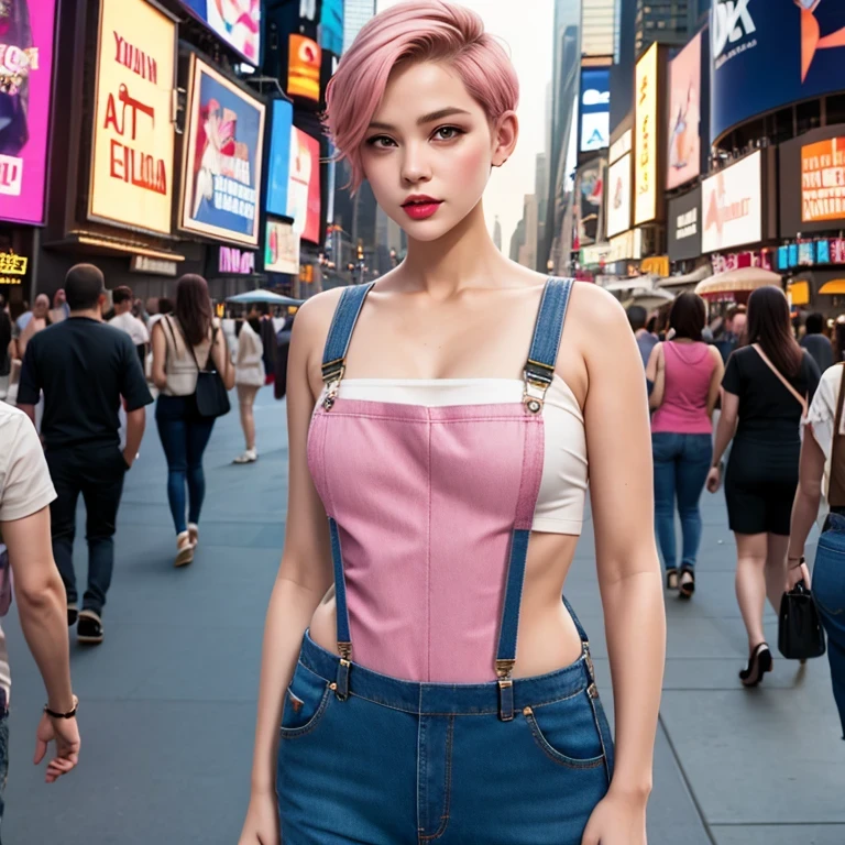 Suspender jeans(masterpiece, best quality:1.2), Very short hair, alone,Pale pink,Light rouge makeup(((Short hair)))(minor)masterpiece, Outdoor backstreets,time square, New York,best quality, movie lighting, soft light ,Realistic,facial close-up,Landscape avatar,666, --v6
