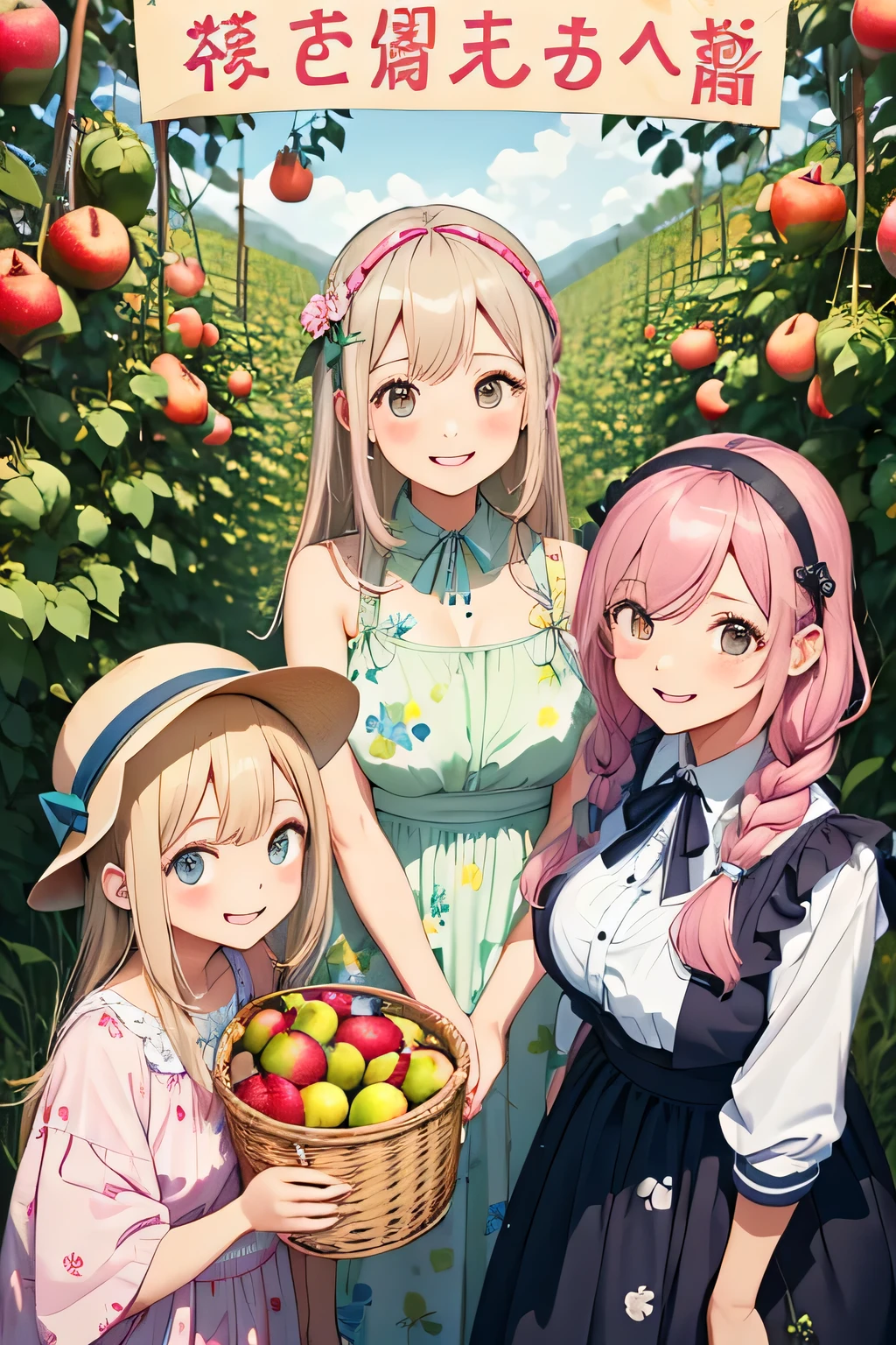 (highest quality:1.4)、(High resolution)、detailed background、(detailed beautiful face:1.4)、(anatomically correct)、((detailed facial expressions))、beautiful and smooth skin、beautiful age girl、three beautiful girls、(huge breasts:1.3)、cute hair color、braided bob、braided ponytail、realistic、perfect body line、cowboy shot、A big smile、Looks like a fun atmosphere、laughing、smiling、cute、
(Three women enjoying fruit picking:1.5)、
Try incorporating fruit-printed clothing and accessories to create a cute look.、
Wear a dress or top with a fruit print、Use fruit-patterned hair bands and hairpins to create cute hairstyles.、Bring a cute basket bag to match the natural atmosphere.、You can also add a basket hat to make it even cuter.、At the fruit picking area, take a basket and enter the fruit fields to choose your favorite fruit.、They enjoy picking fruit and smiling while enjoying the harvest.、Posing with fruit makes for a cute photo.、cute