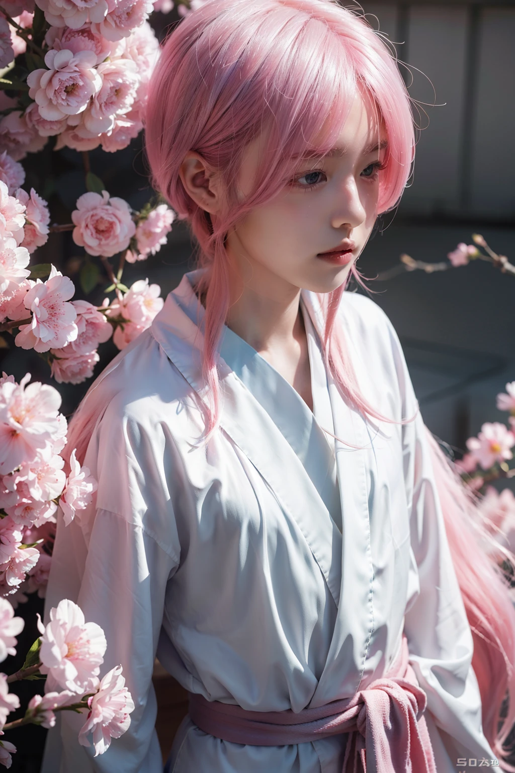 A boy,Detailed, 4k,HD,slient face,Wear white kimono,The colors of the picture are very bright,long pink hair