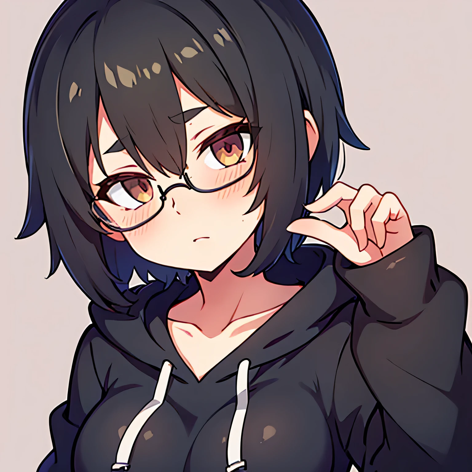 Shy girl, black short hair, Sculpted Crop Cut, circle glasses, black hoodie, head tilt face close up