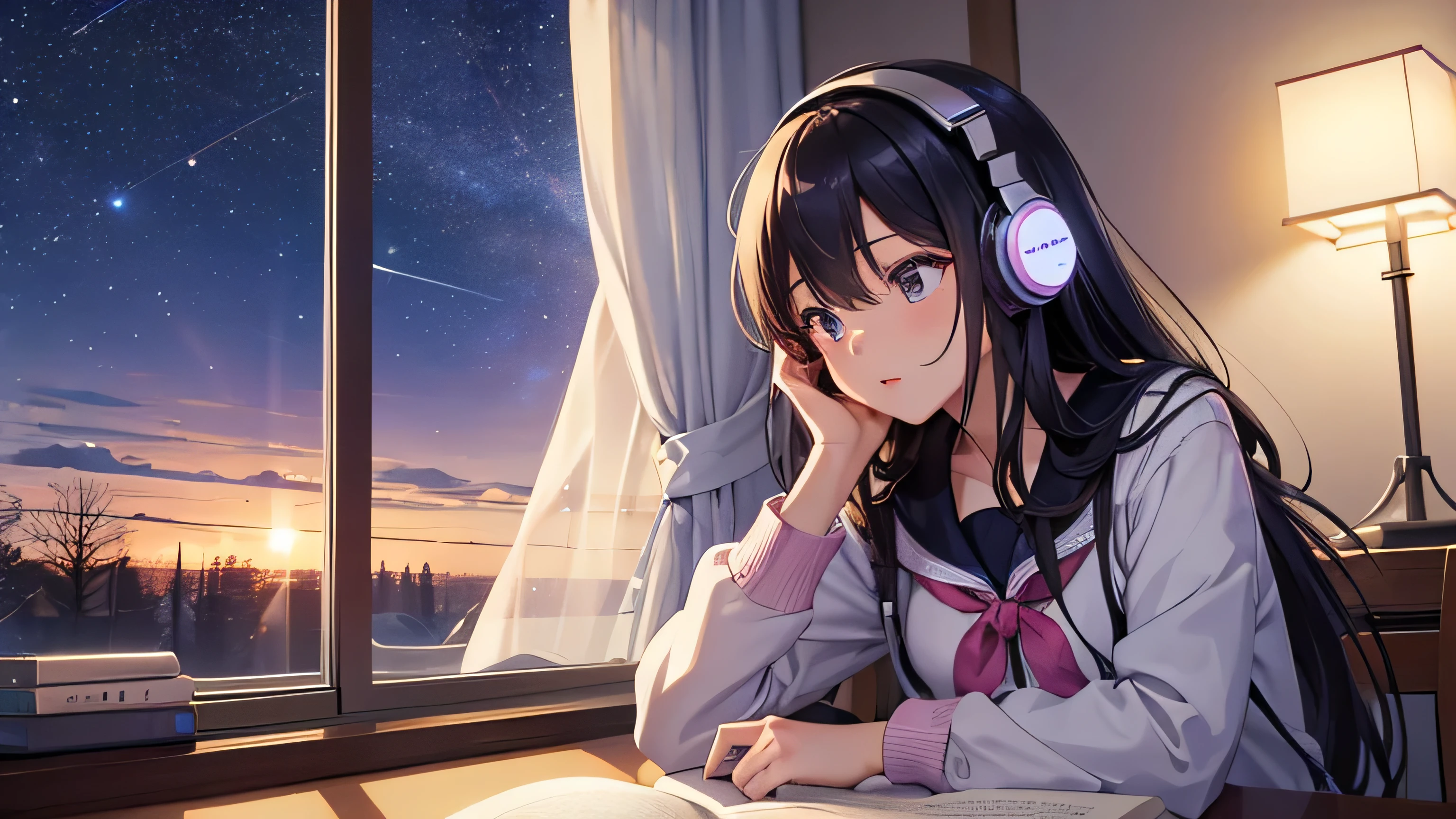 Beautiful girl studying in her room while listening to music with headphones　warm lighting　Outside the room, it&#39;s night　Starry sky　Japanese anime style